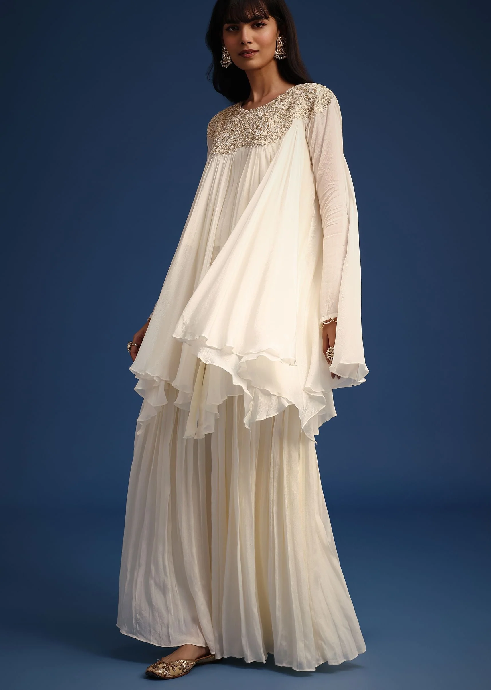 White Chiffon Kurta And Palazzo Set With Cutdana And Sequin Work - Image 3