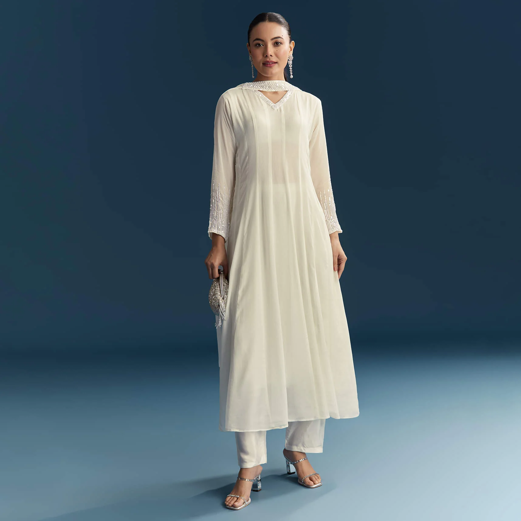 White Chinon Anarkali Suit With Sequins Work - Image 3