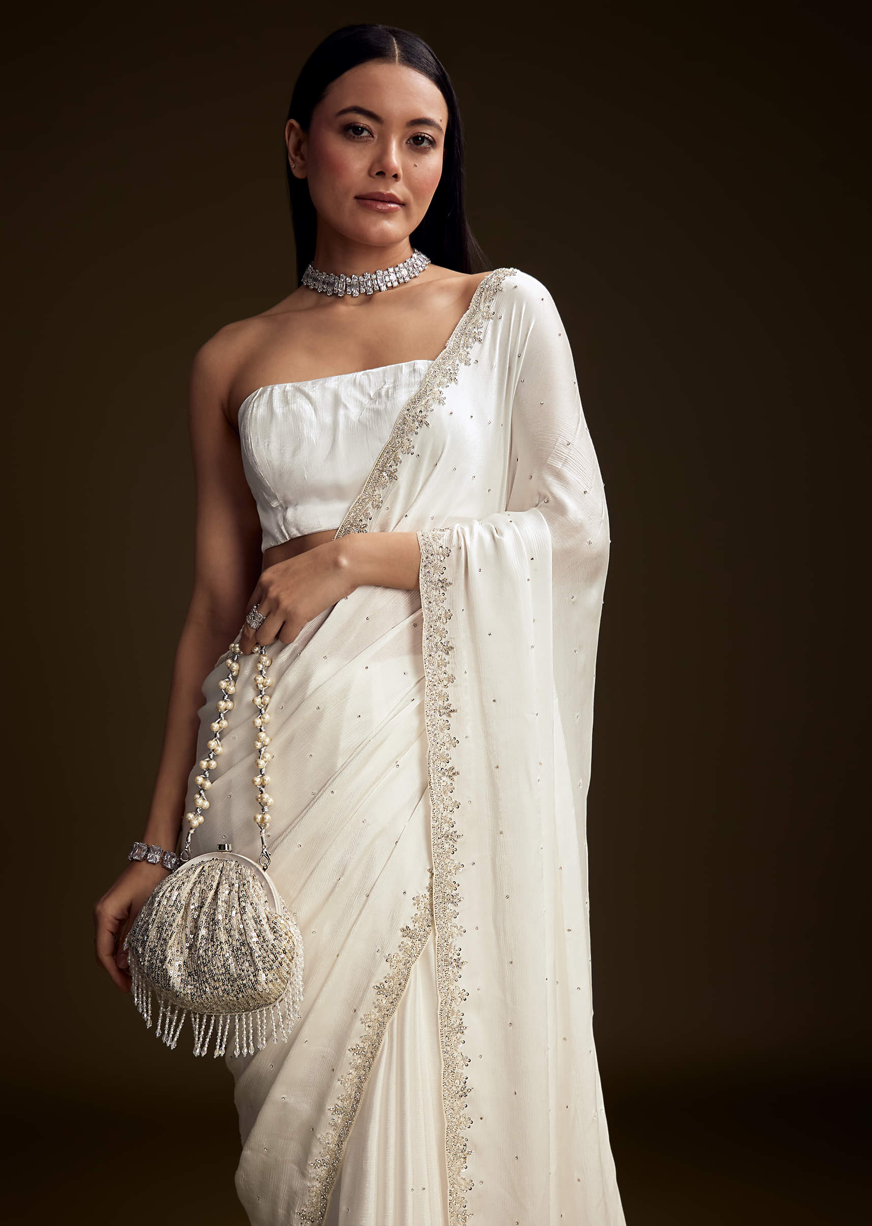 White Chinon Saree With Stone And Sequin Embroidery - Image 10
