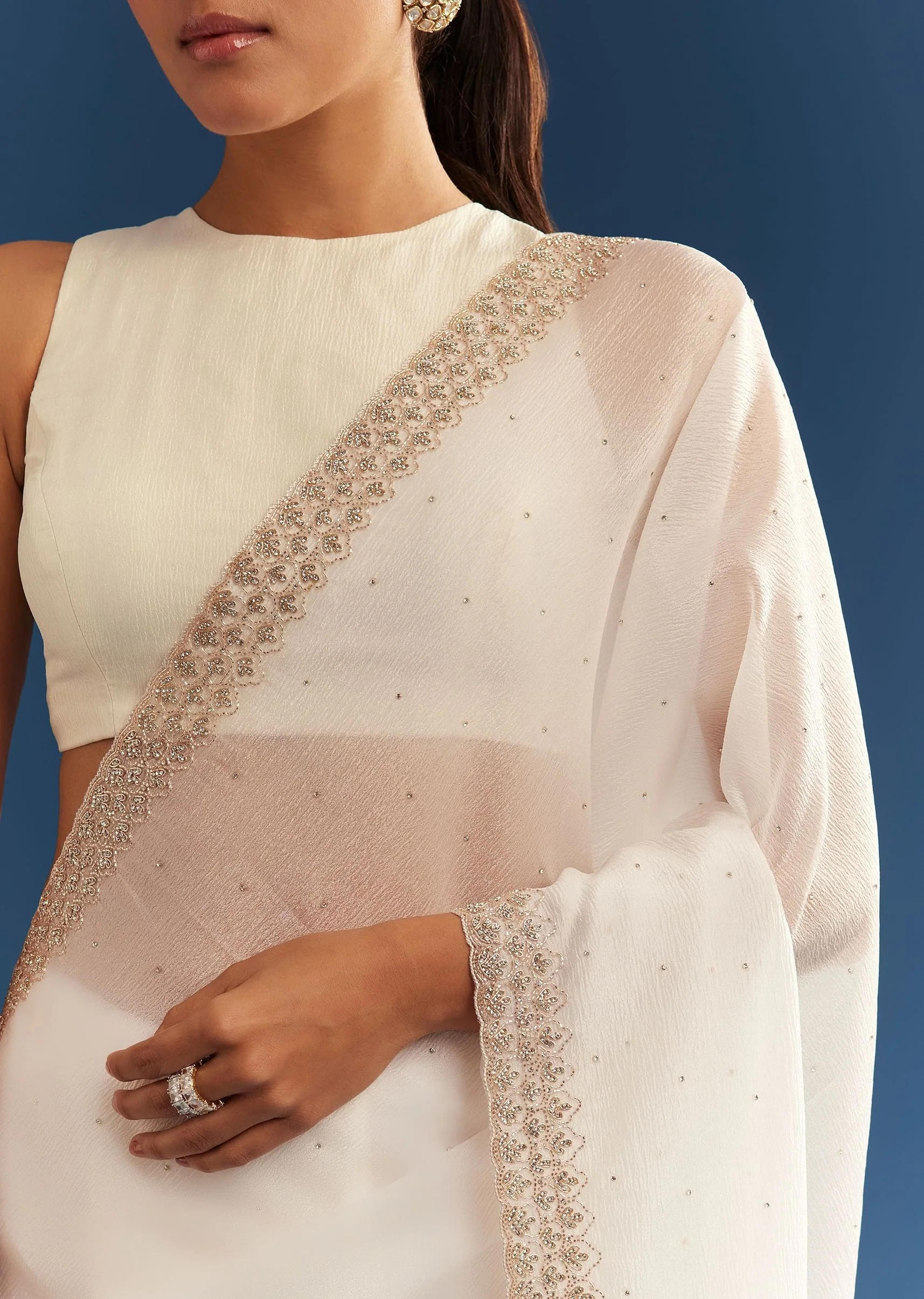 White Crushed Tissue Cutdana Embroidered Saree - Image 2