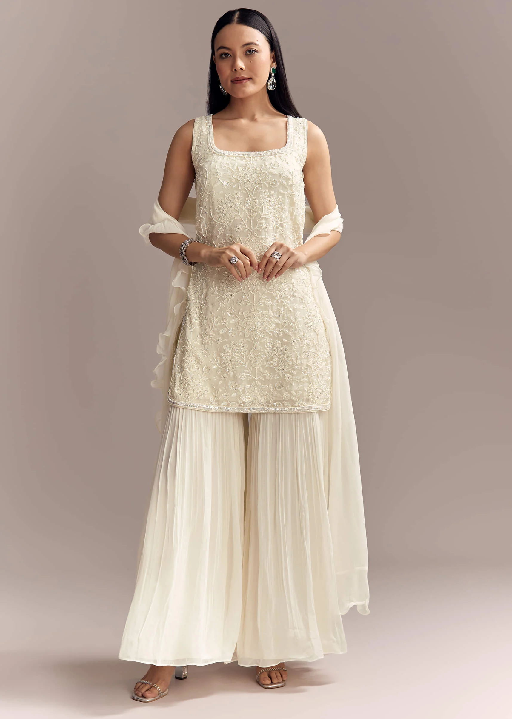 White Georgette Sharara Suit With Intricate Embroidery - Image 2