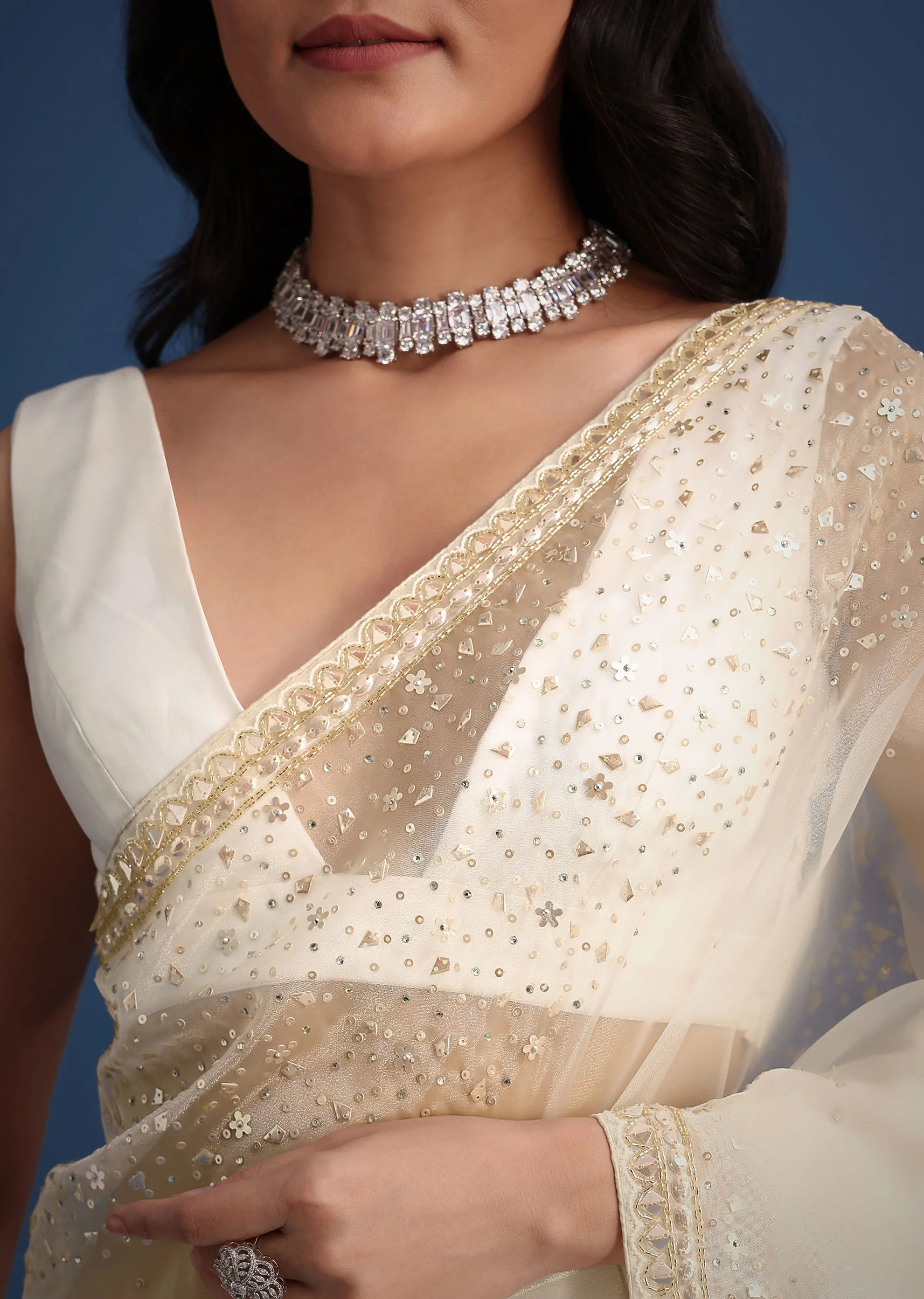 White Glass Tissue Saree With Sequin Embellishments - Image 5