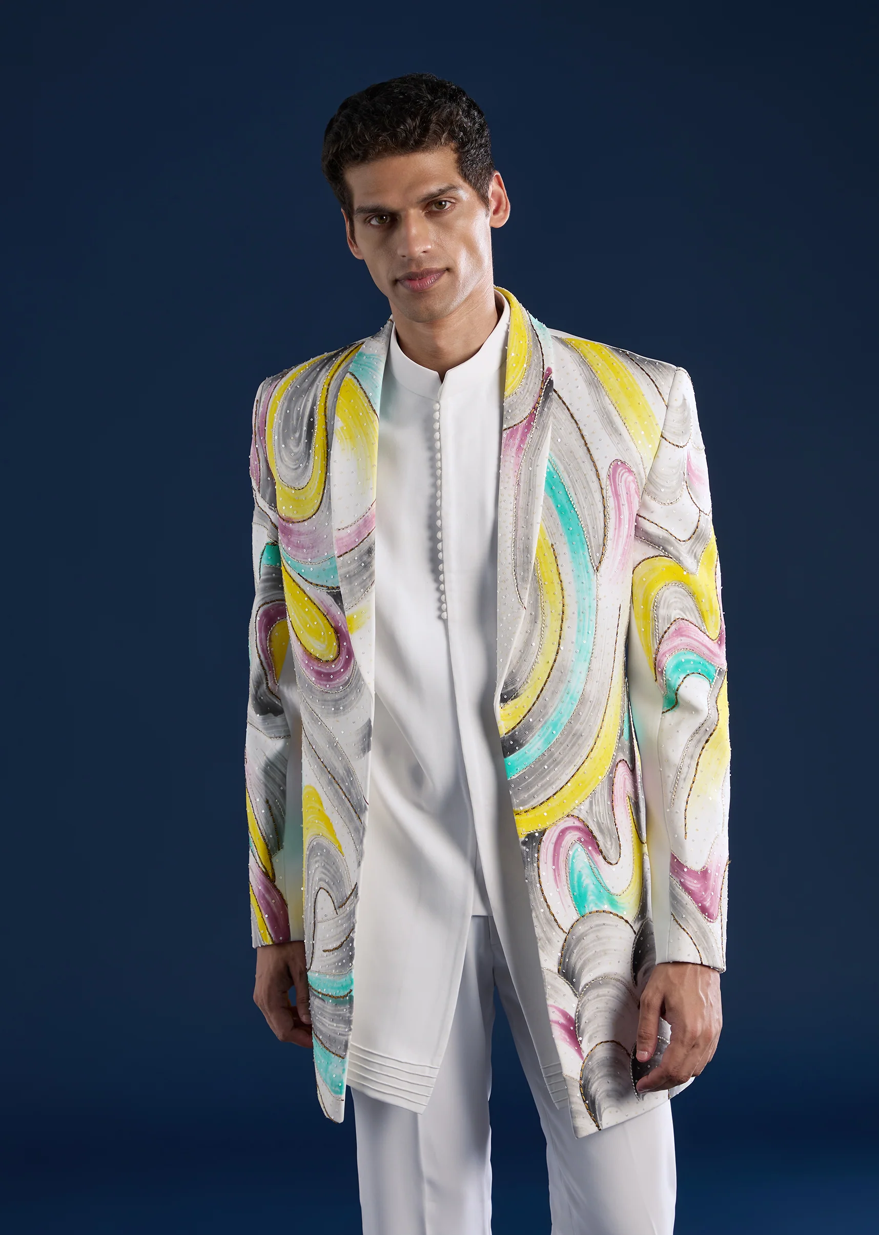 White Indo Western Set For Men With Hand Painted Work - Image 4