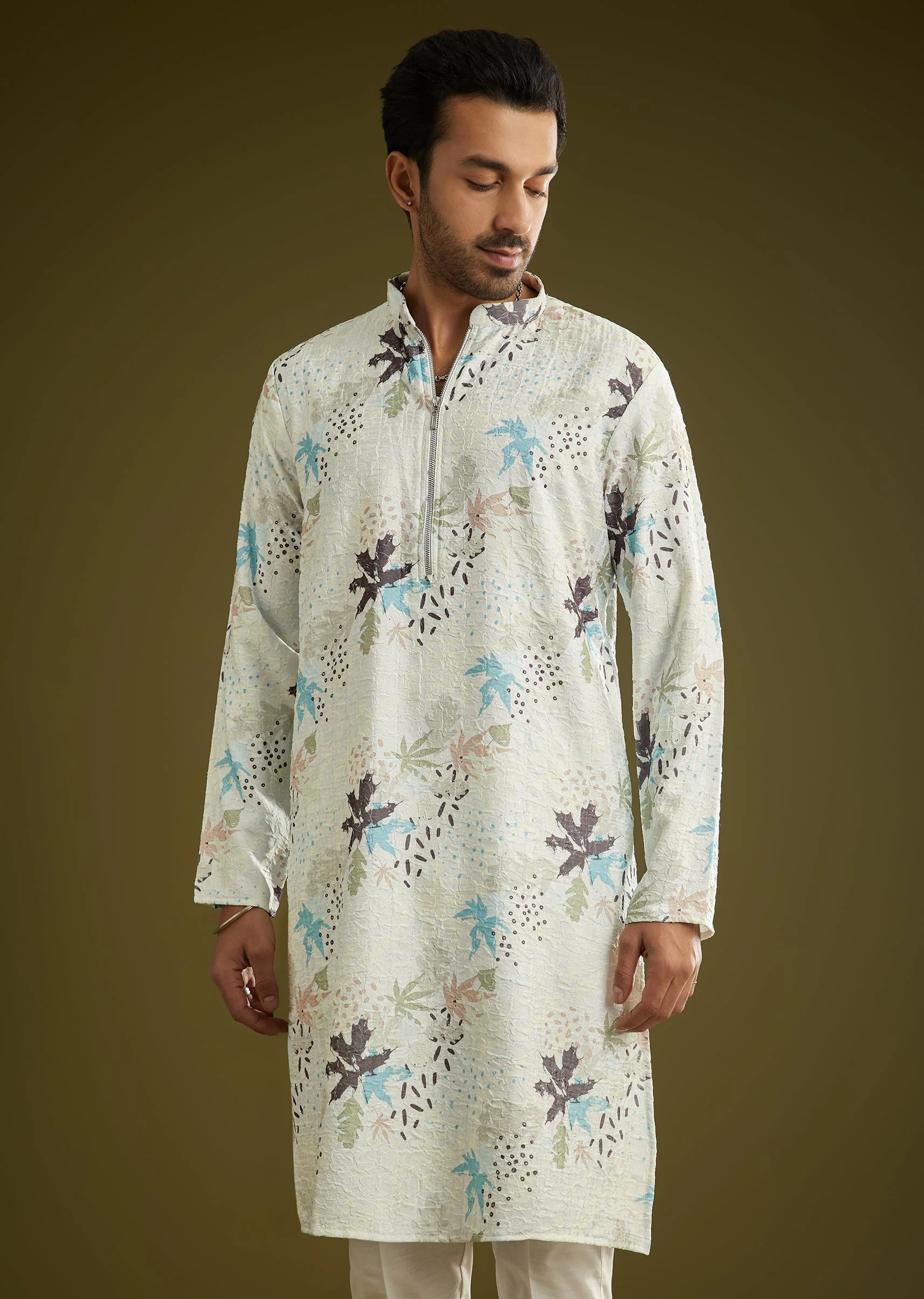 White Linen Zipper Kurta Set With Abstract Leaf Motifs - Image 3