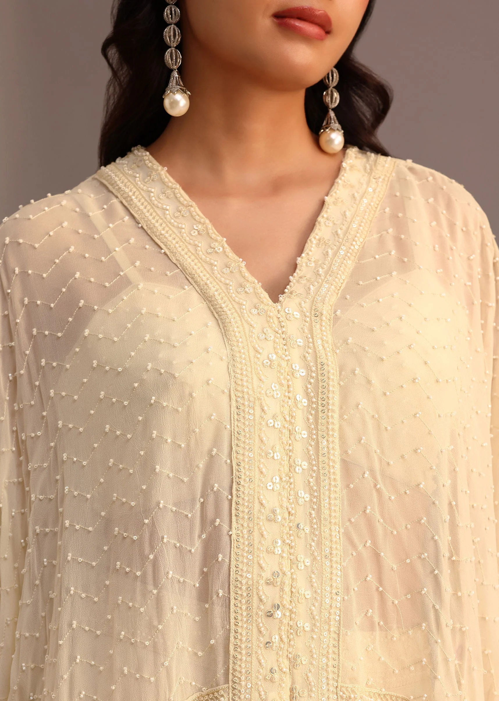 White Moti Work Croptop Palazzo Set With Cape - Image 3