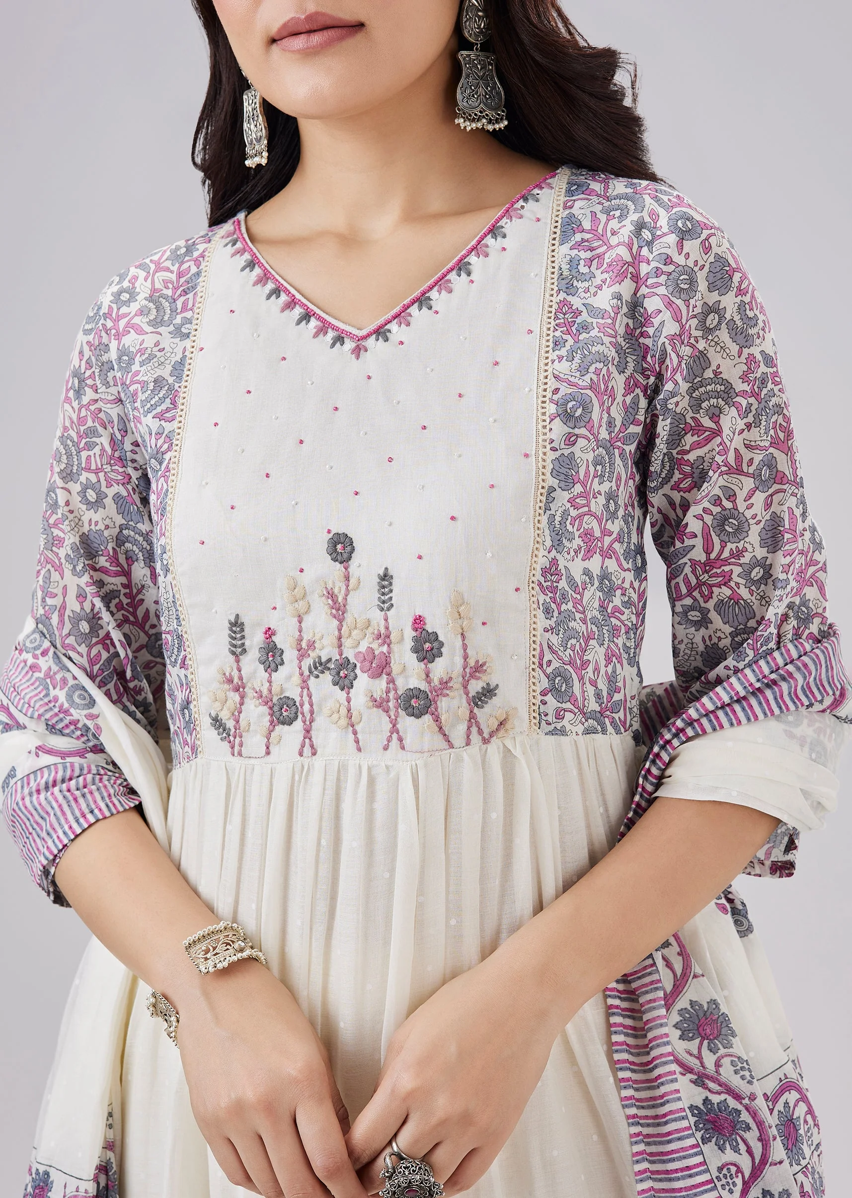 White Printed Mulmul Cotton Anarkali Set With Dupatta - Image 2
