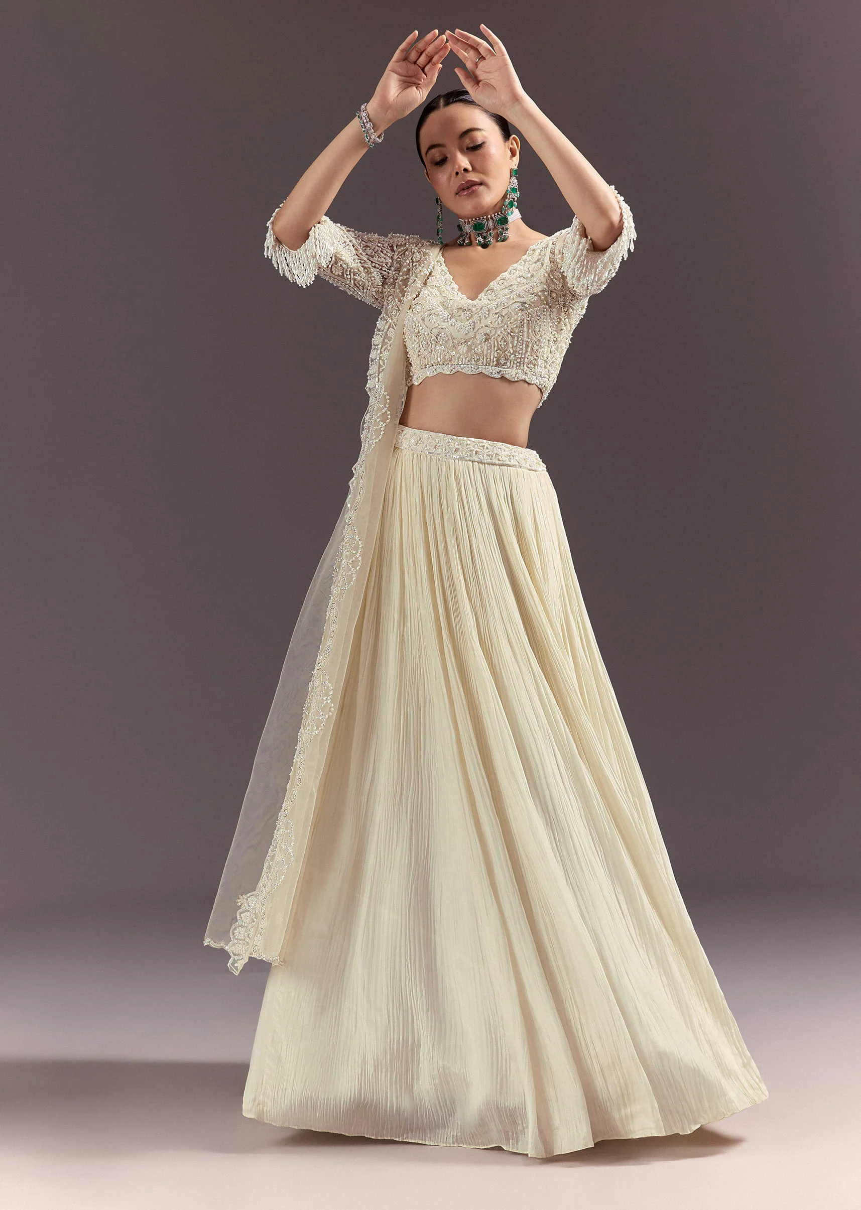 White Rushed Lehenga Set With Cape Dupatta - Image 3