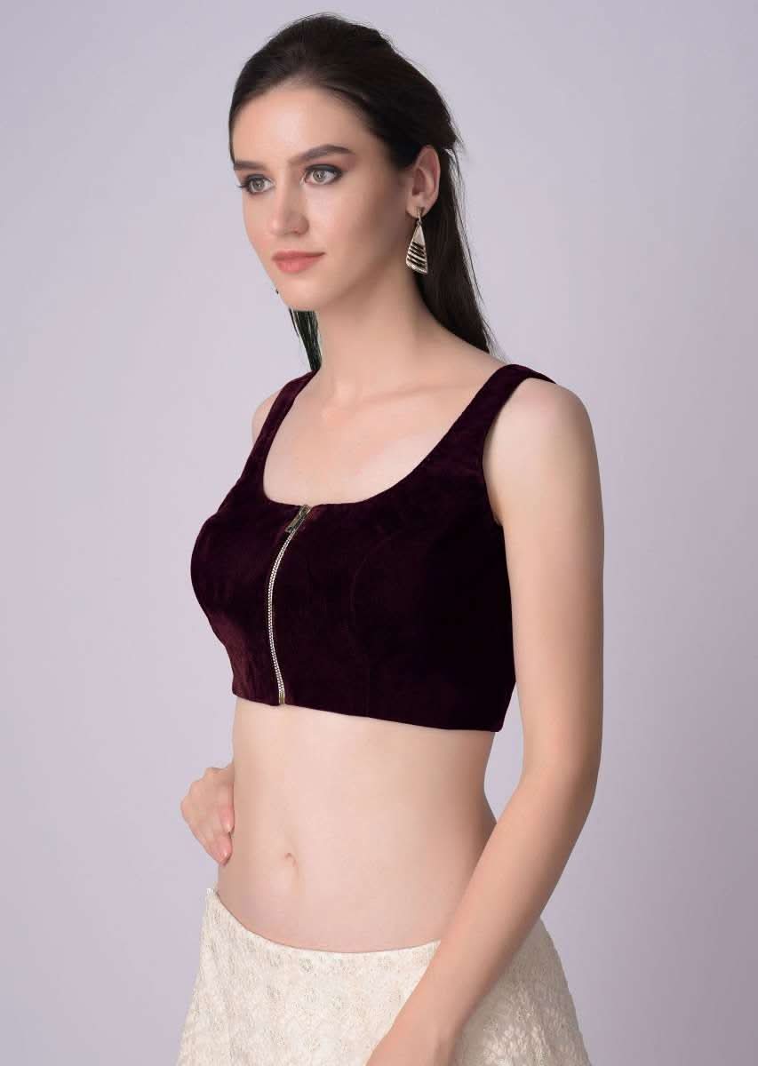 Wine Blouse In Velvet With Front Zip Opening - Image 2