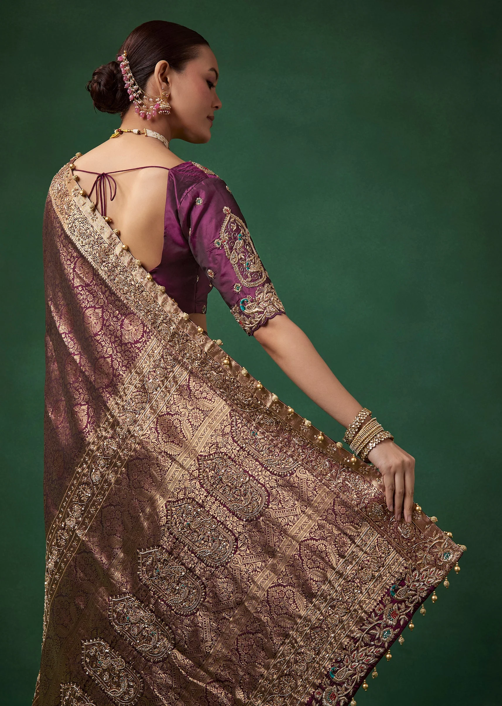 Wine Bridal Kanjivaram Silk Cutdana Work Saree with Unstitched Blouse - Image 6