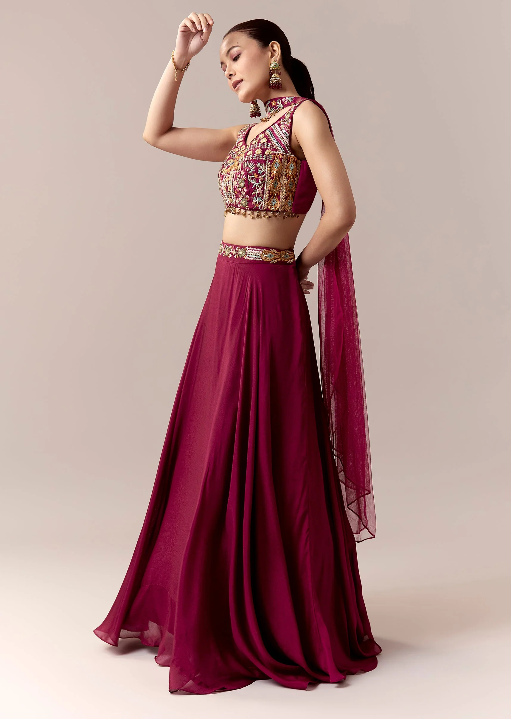 Wine Bridesmaid Lehenga With Thread Work Moti Work And Dupatta - Image 3