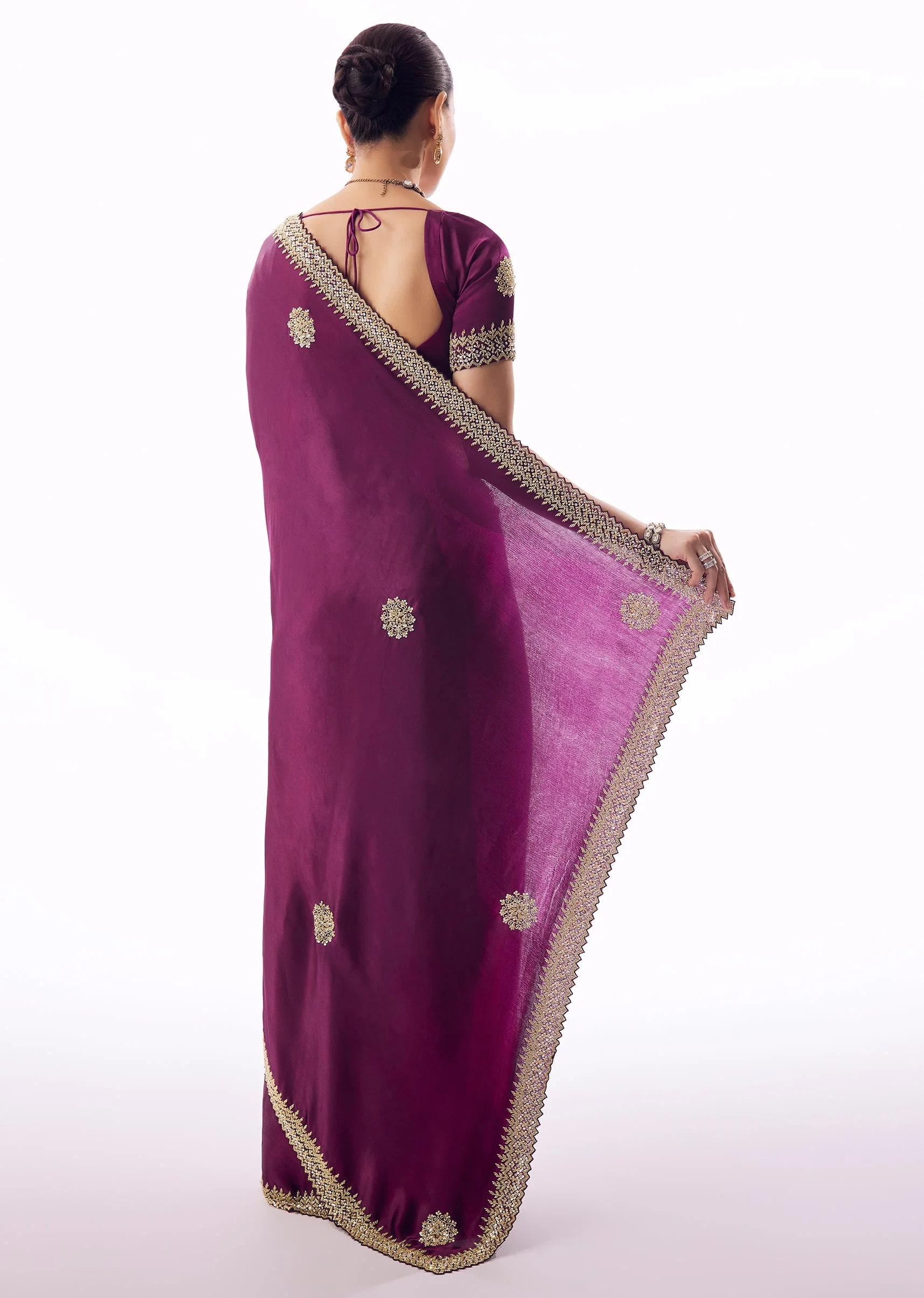 Wine Chinon Saree With Zigzag Cutwork Border And Cutdana Sequin Embroidery - Image 4