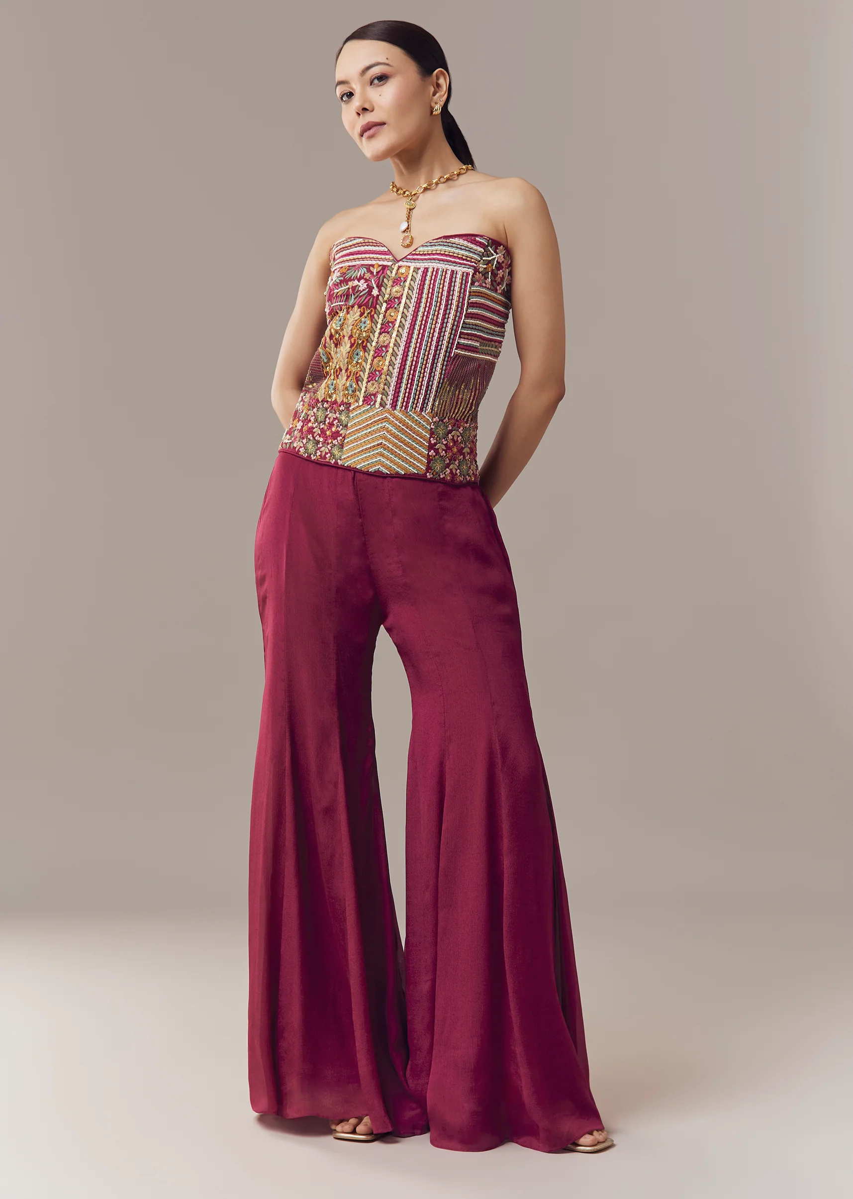Wine Corset Crop Top And Pants Set With Thread And Sequins Work