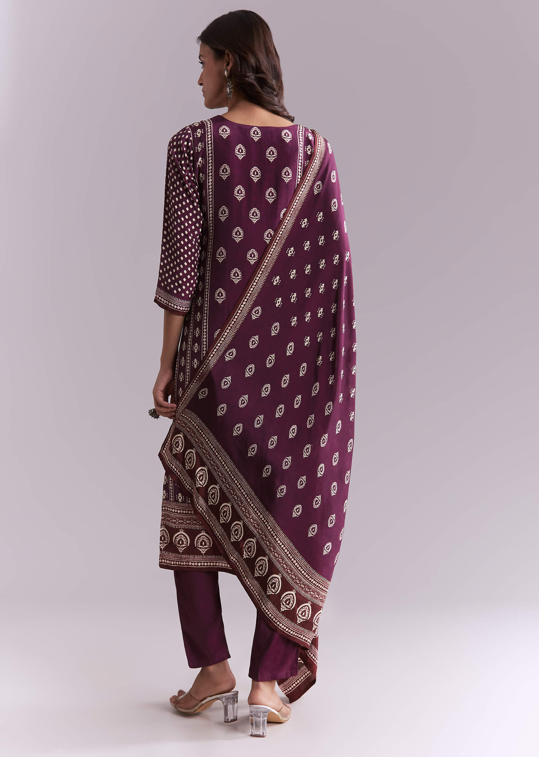 Wine Crepe Kurta Set With Indie Print And Moti Work - Image 5