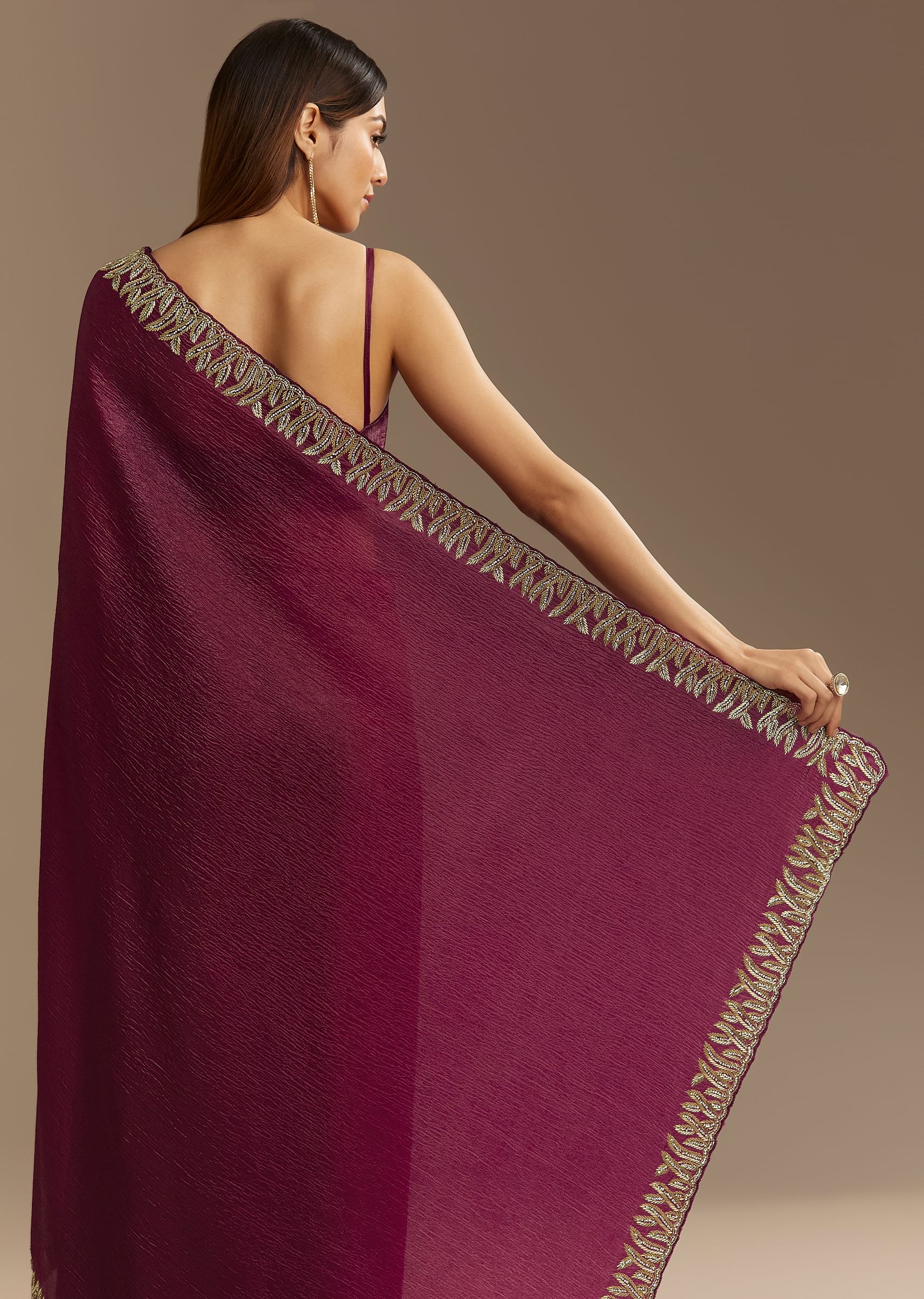 Wine Crushed Tissue Saree With Cutdana And Stone Embroidery - Image 3