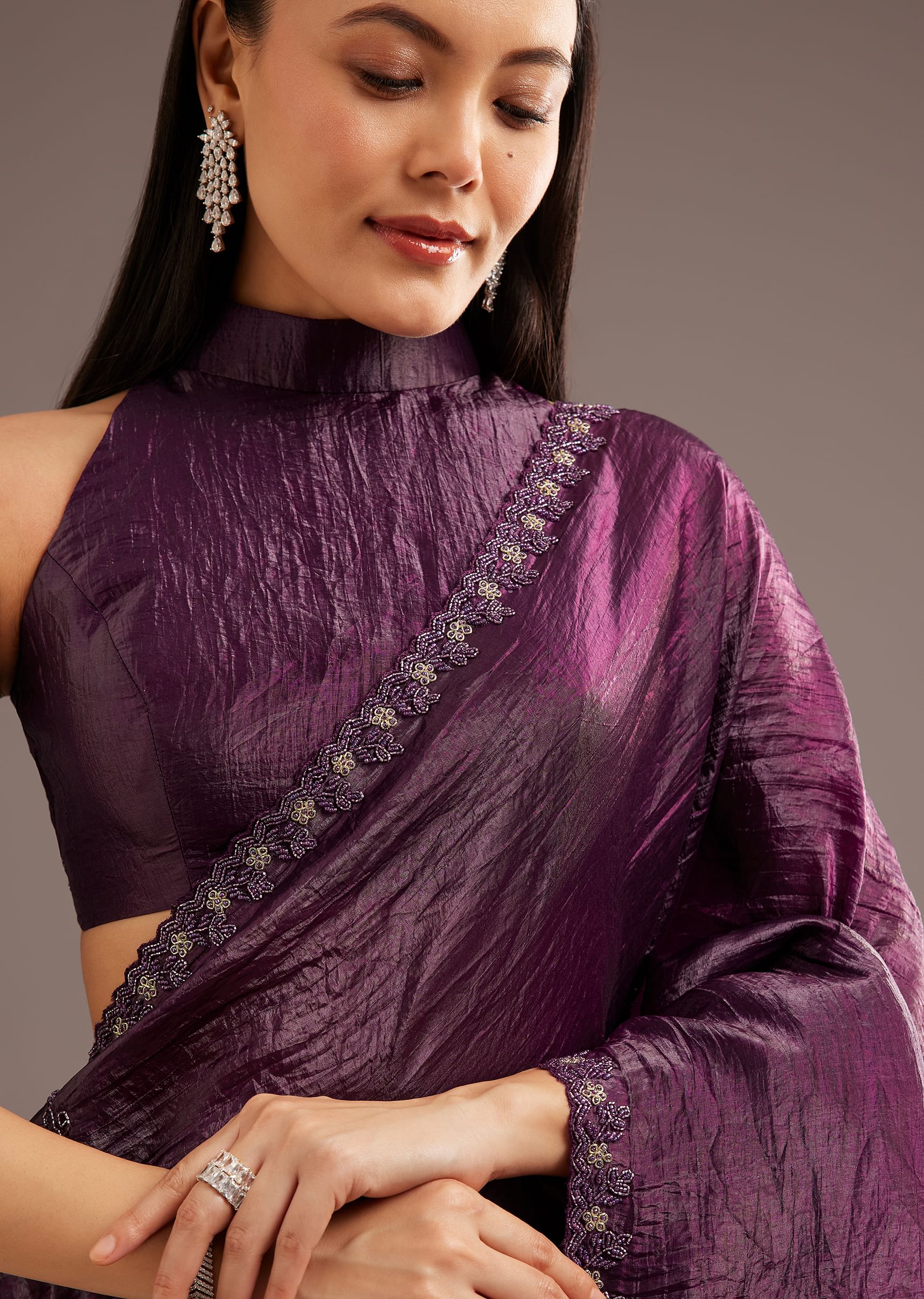 Wine Crushed Tissue Silk Saree With Cutdana Scallop Border - Image 5