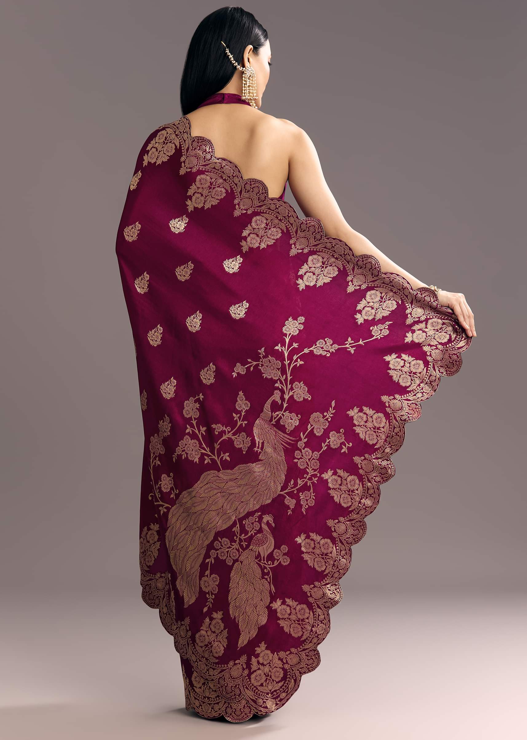 Wine Dola Silk Woven Motif Saree With Scallop Border - Image 6