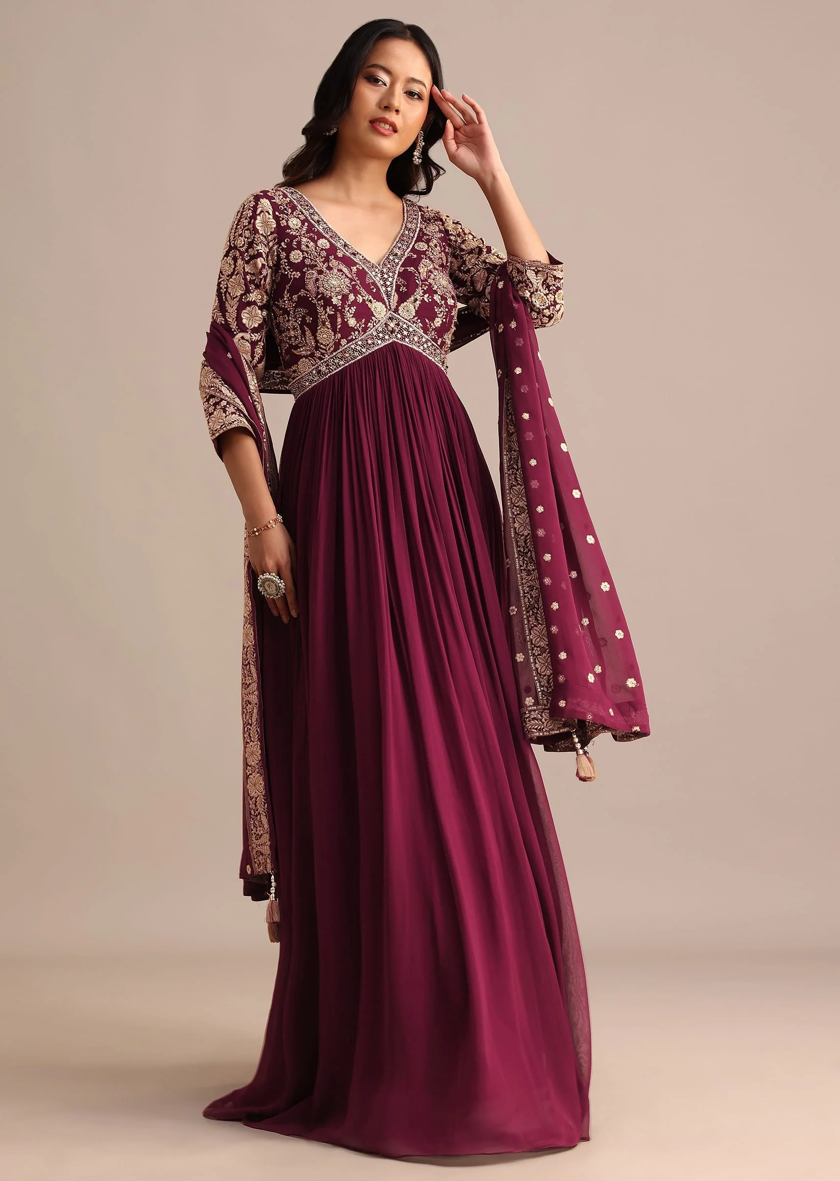 Wine Embroidered Georgette Anarkali Suit - Image 3