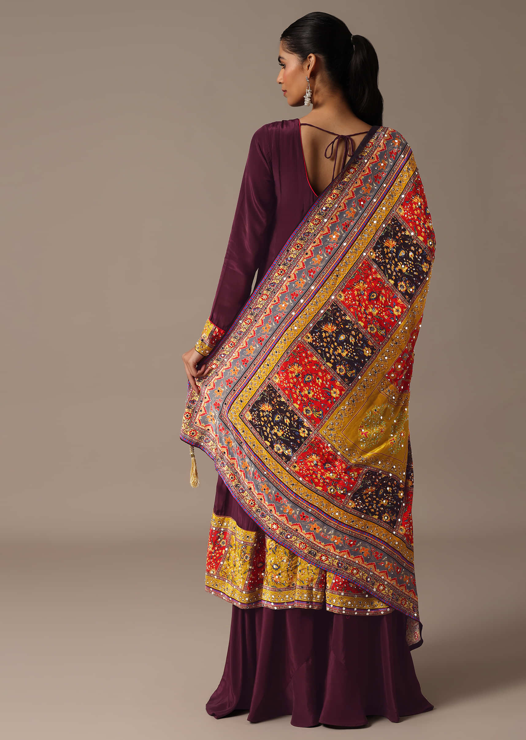 Wine Embroidered Kurta Palazzo Set With Mirror Work Dupatta - Image 5