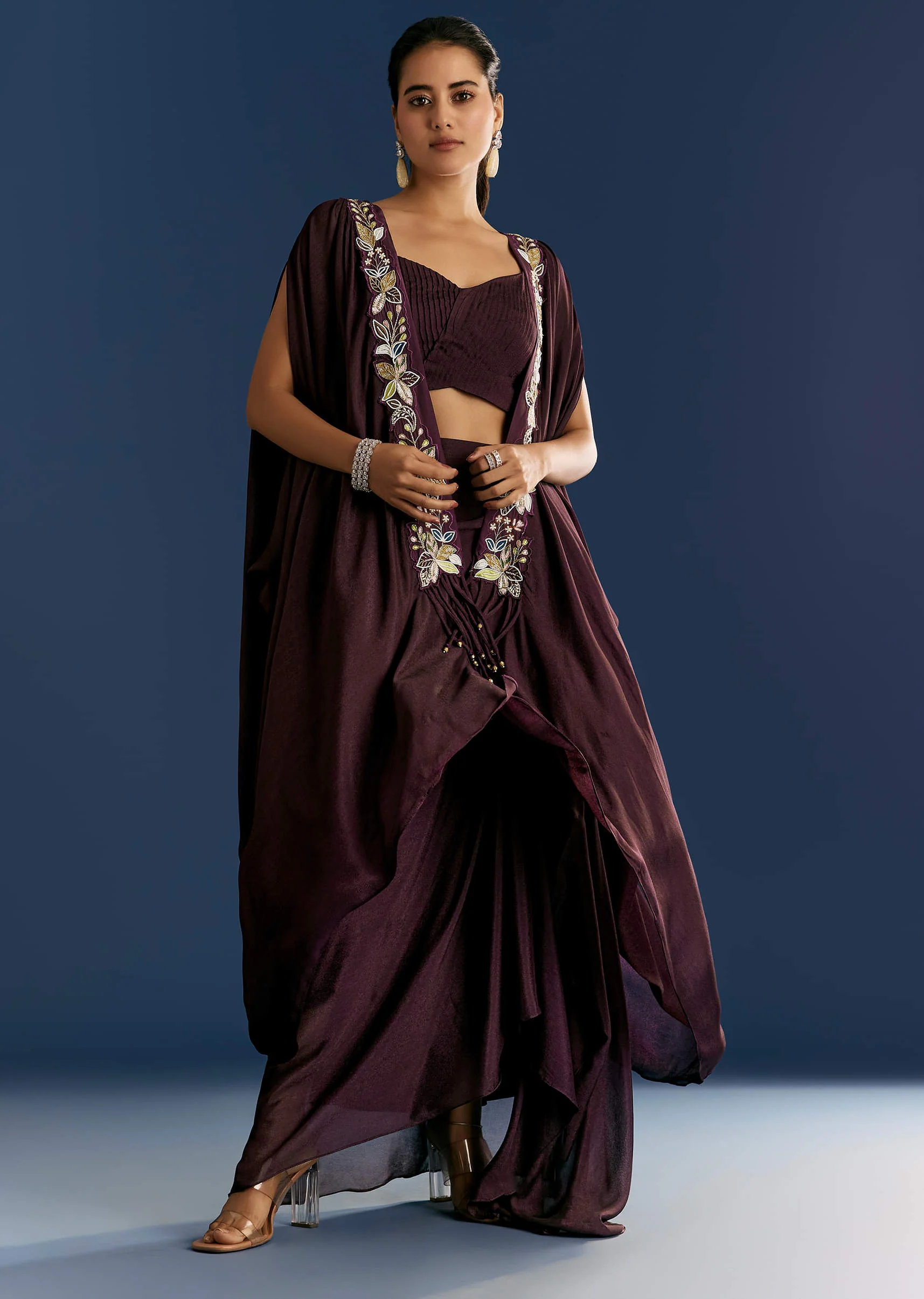 Wine Georgette Pintuck Croptop And Fancy Skirt With Embroidered Cape - Image 7