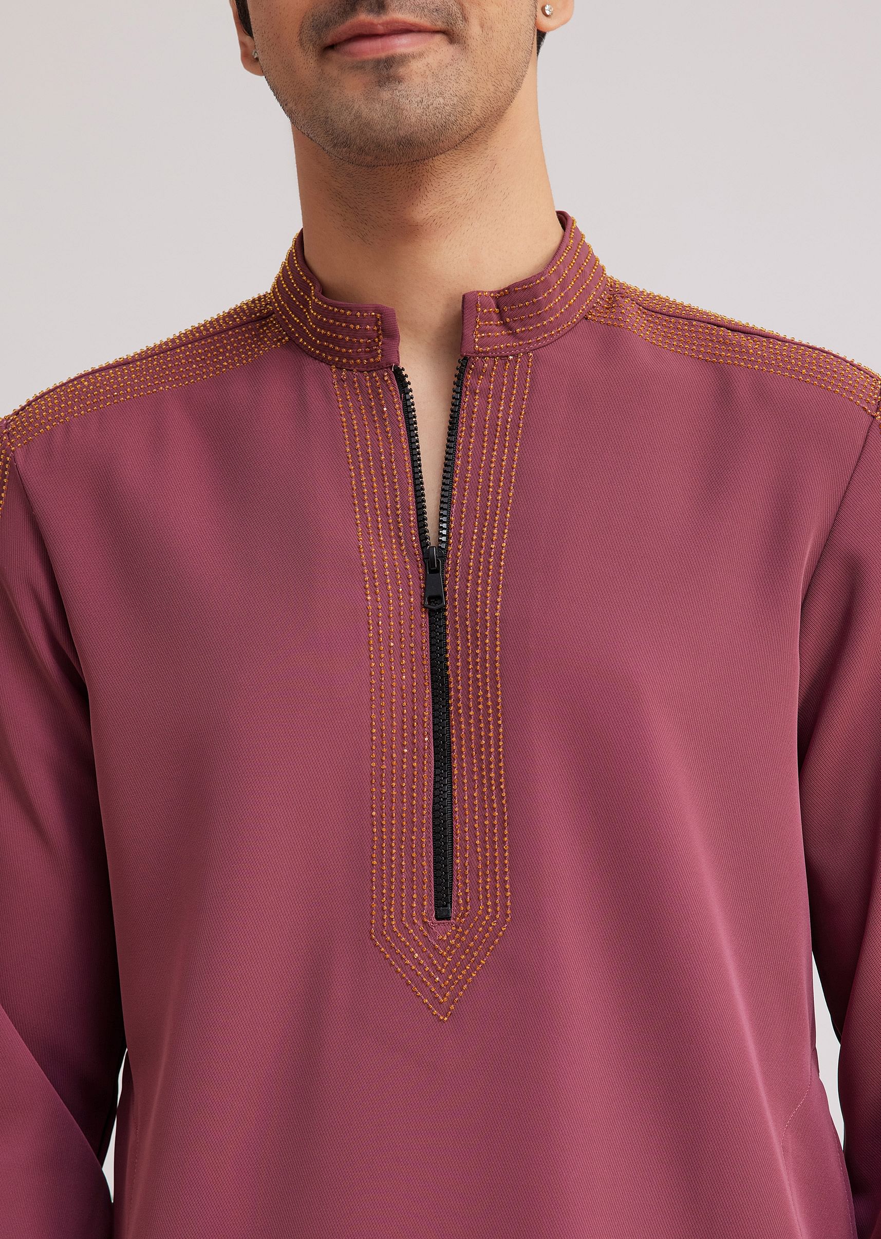 Wine Lycra Kurta Set With Glass Bead Embellishments - Image 2