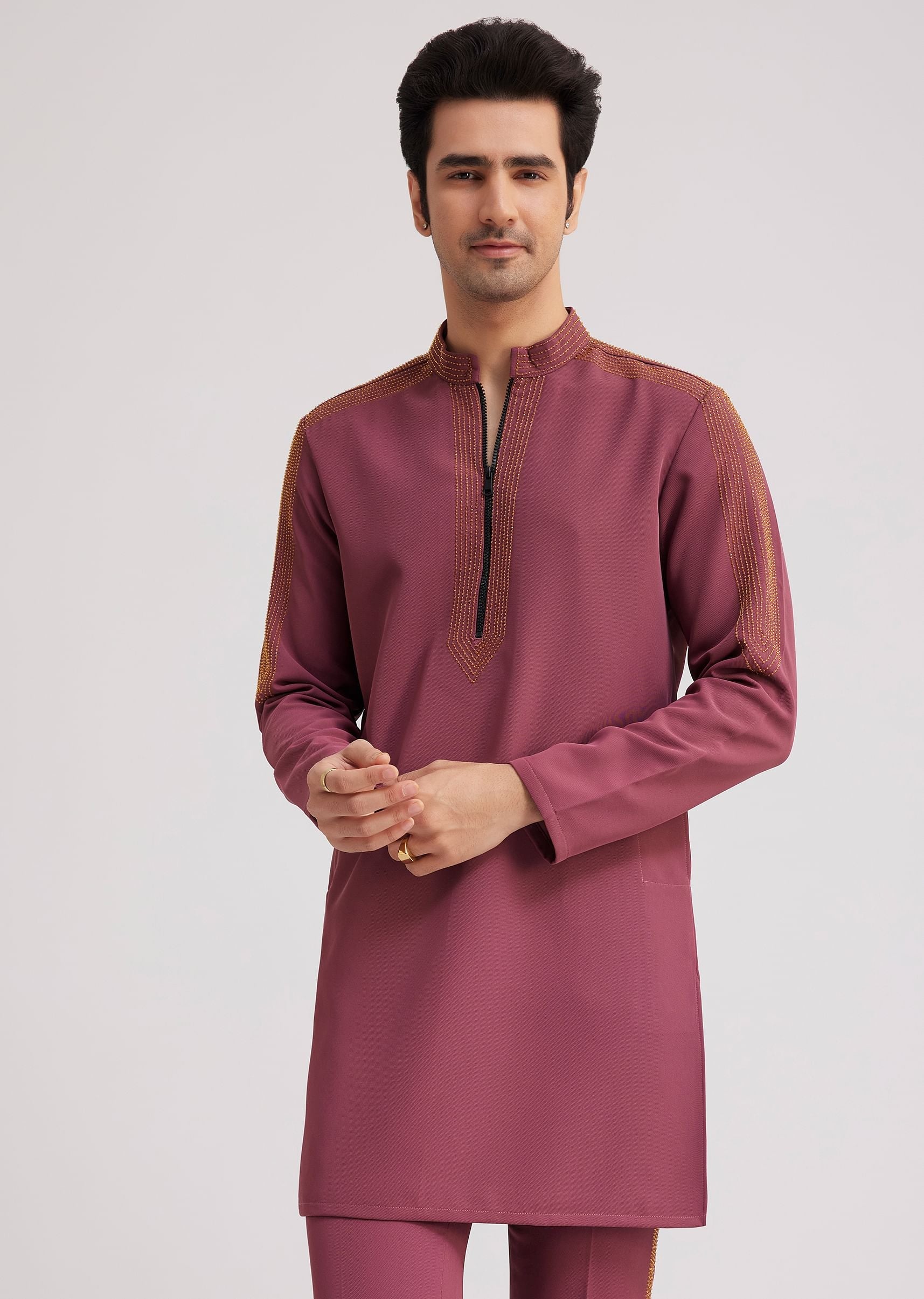 Wine Lycra Kurta Set With Glass Bead Embellishments - Image 4