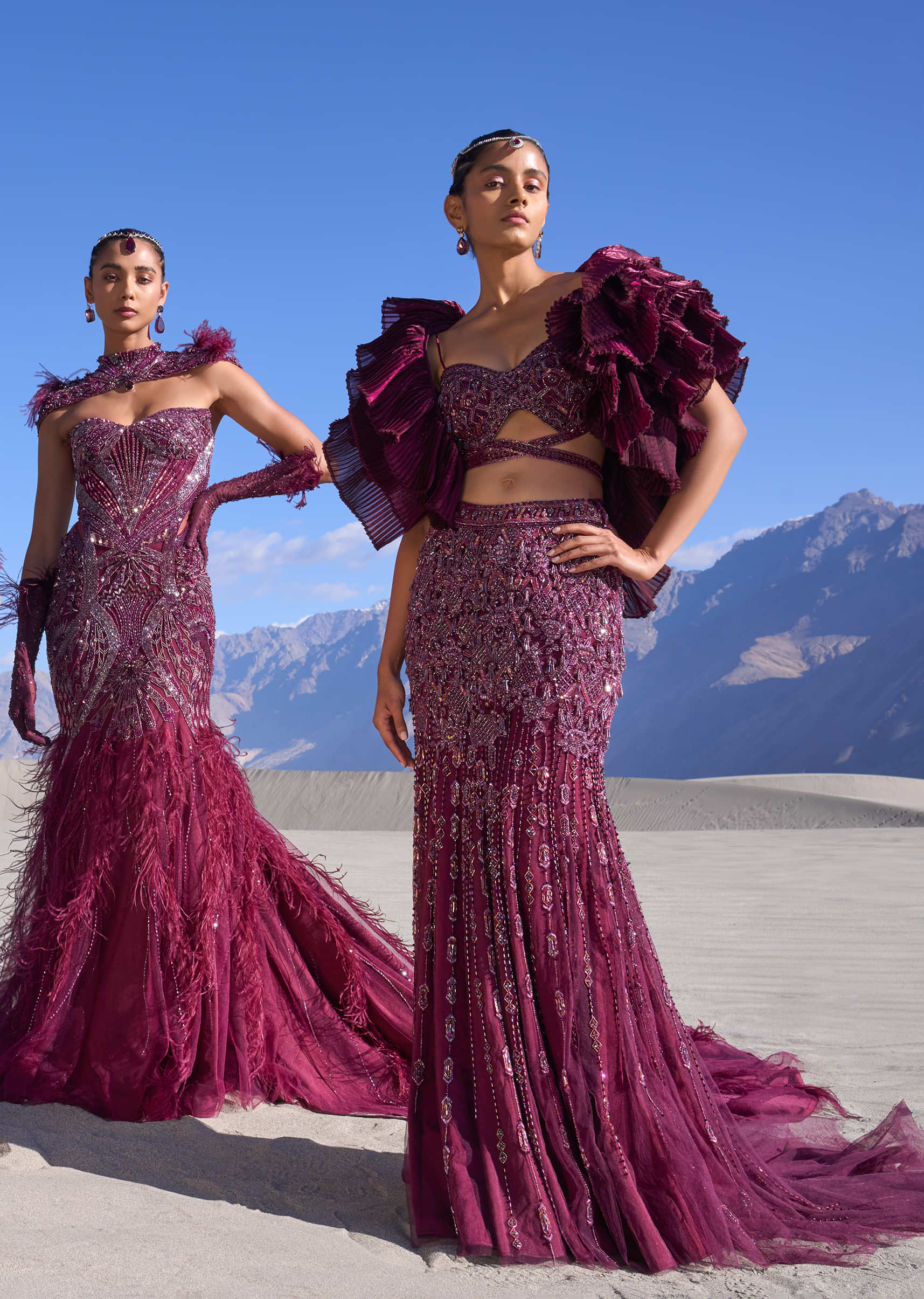 Wine Mermaid Feather Trail Gown With Embroidered Gloves And Veil - Image 6