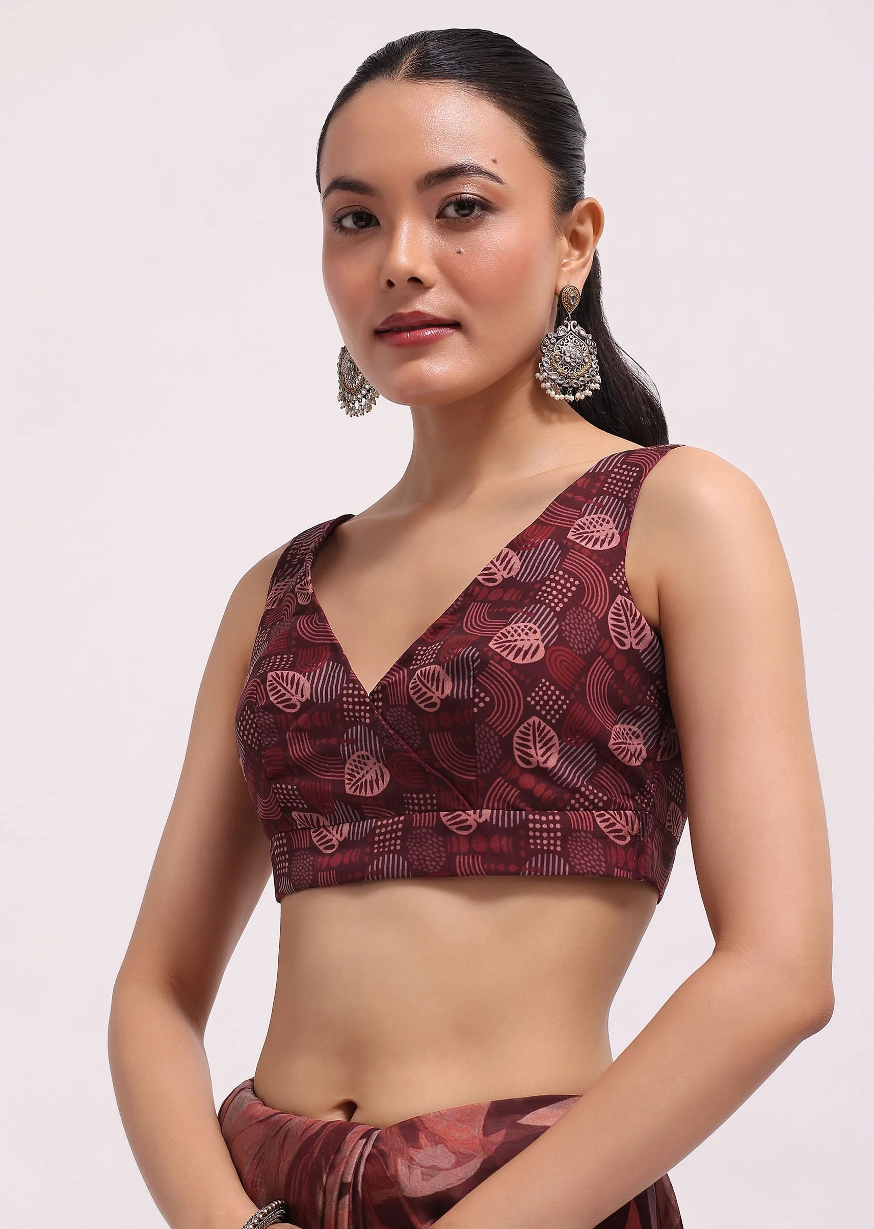 Wine Organza Leaf Printed Saree With Unstitched Blouse - Image 7