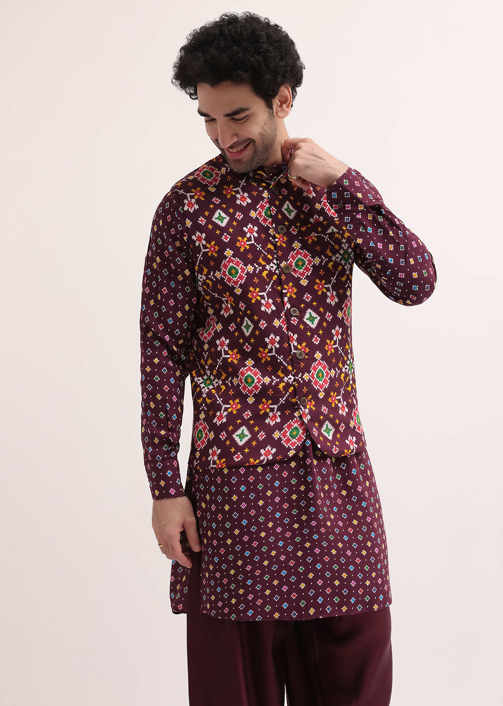 Wine Patola Printed Kurta Jacket Set For Men - Image 3