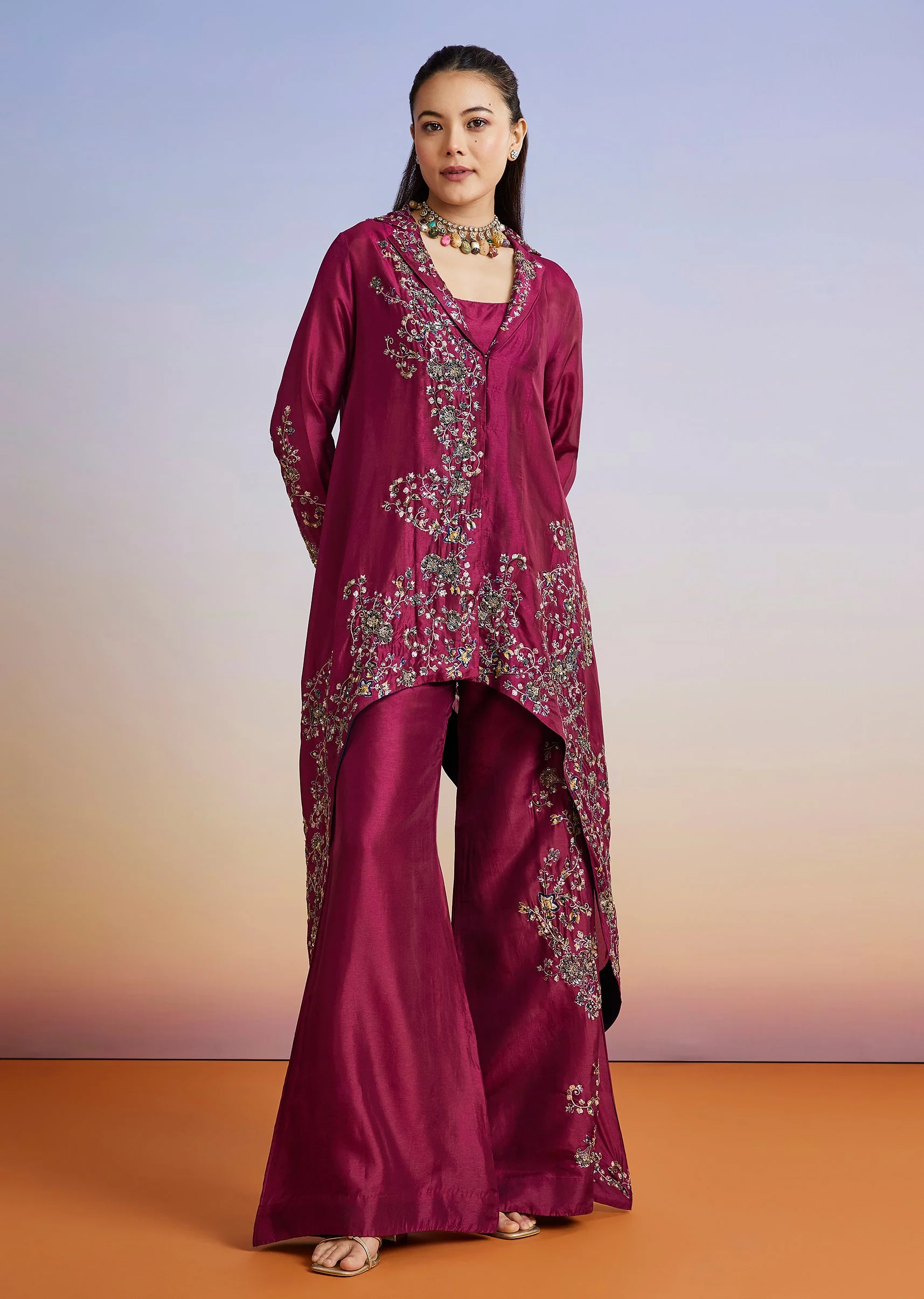 Wine Printed Silk Blend Crop Top With Palazzo And Asymmetrical Jacket - Image 3