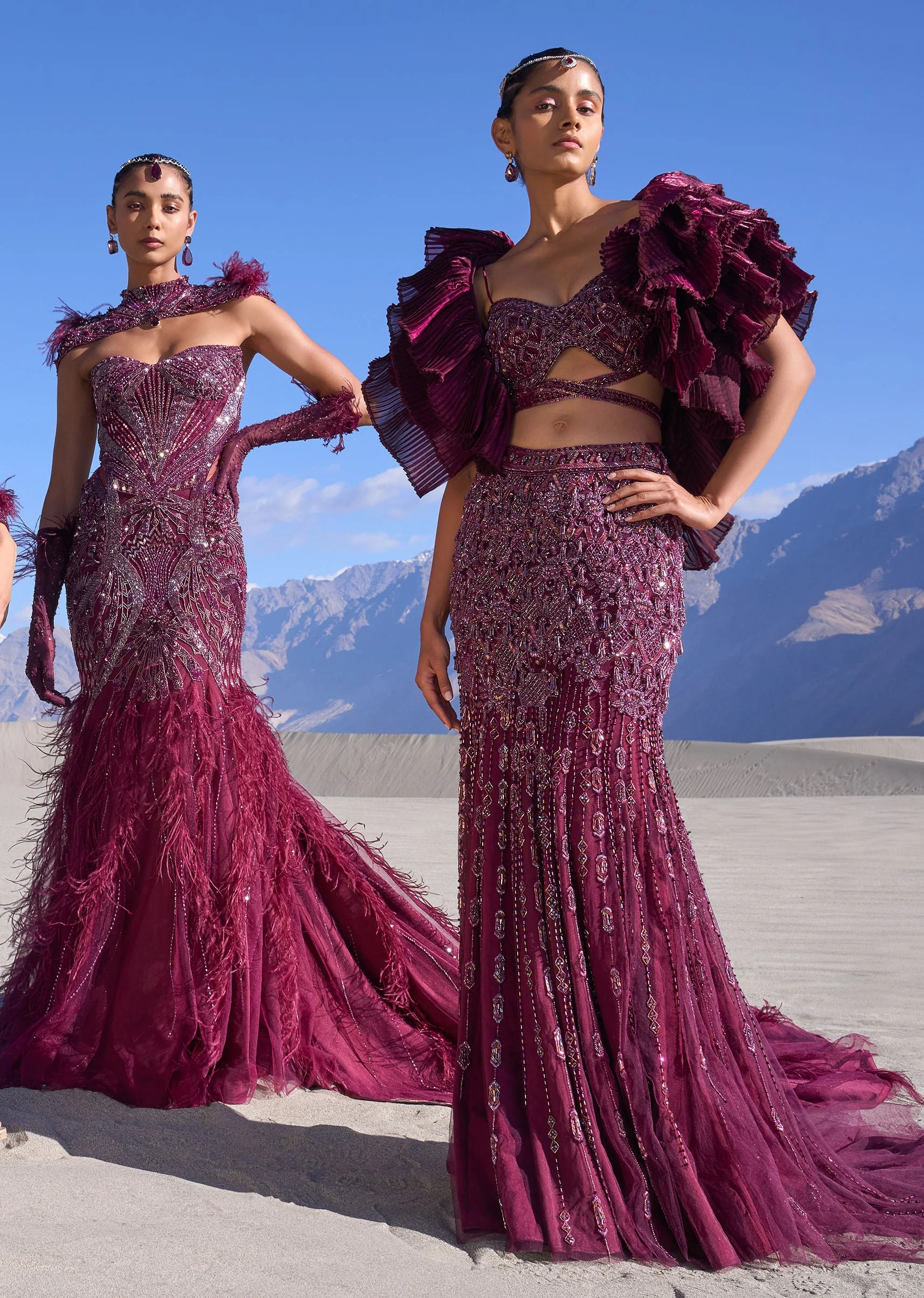 Wine Ruffle Embroidered Fish Cut Lehenga With Long Trail And Jacket - Image 5