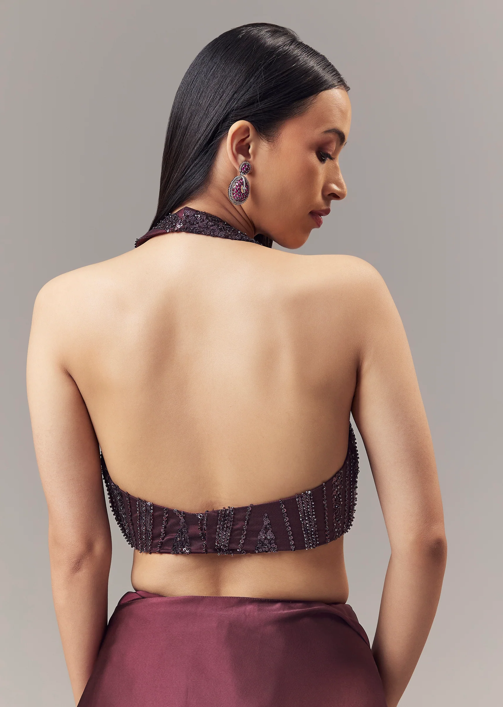 Wine Satin Blend Saree With Cut Dana And Sequin Embellished Halter Neckline Blouse - Image 8
