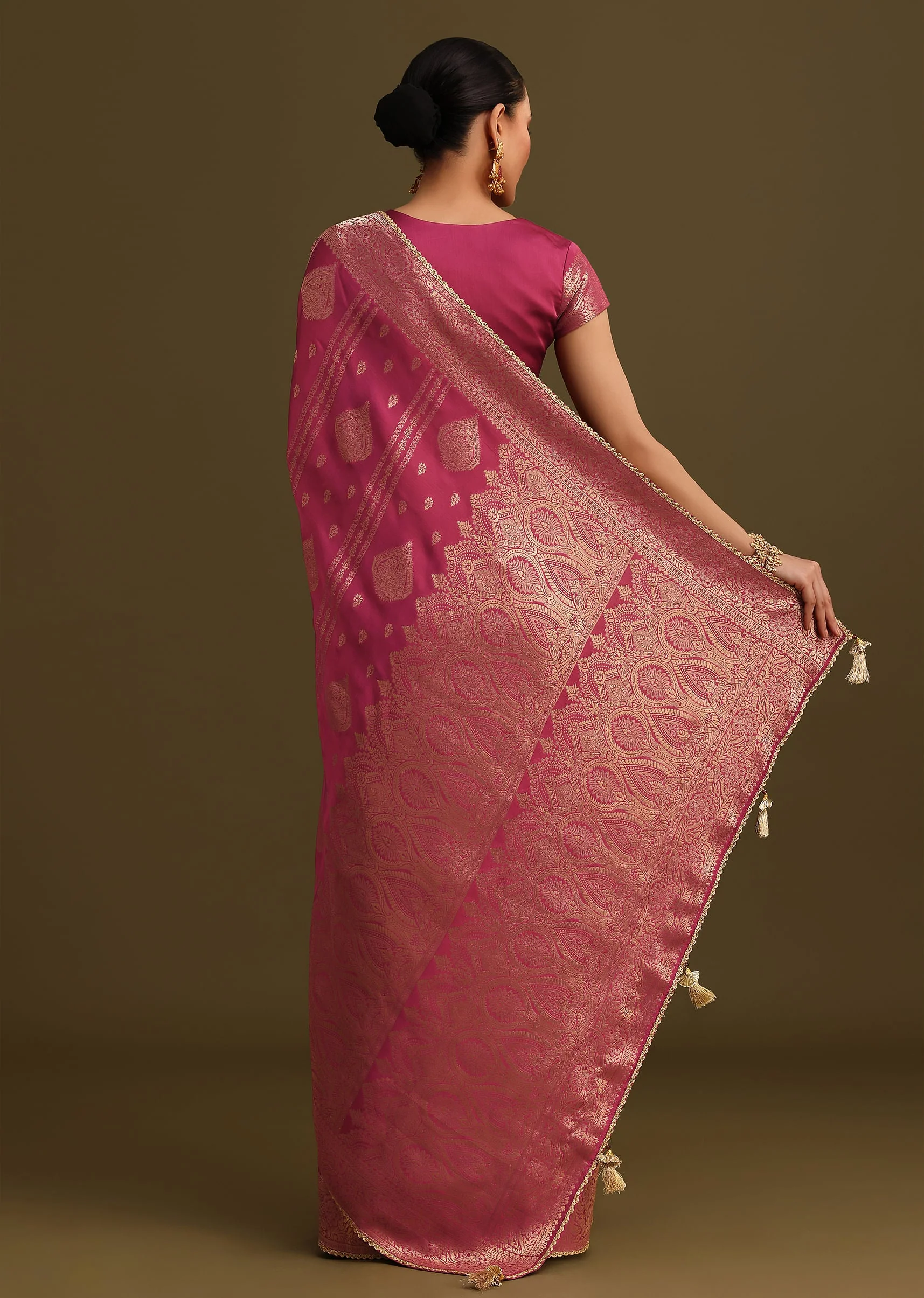 Wine Satin Brocade Zari Weave Saree - Image 4