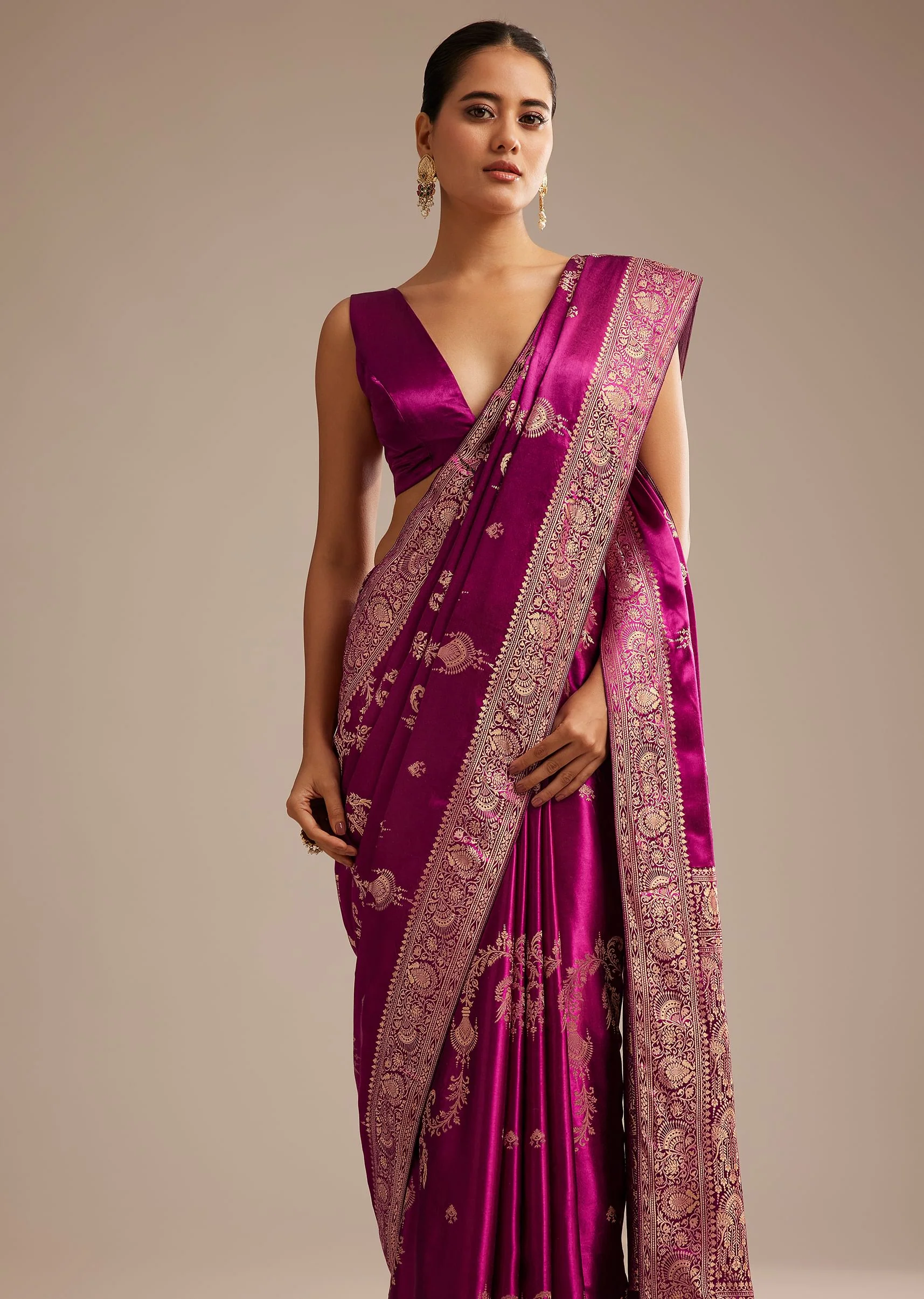 Wine Satin Saree With Zari Woven Work - Image 5