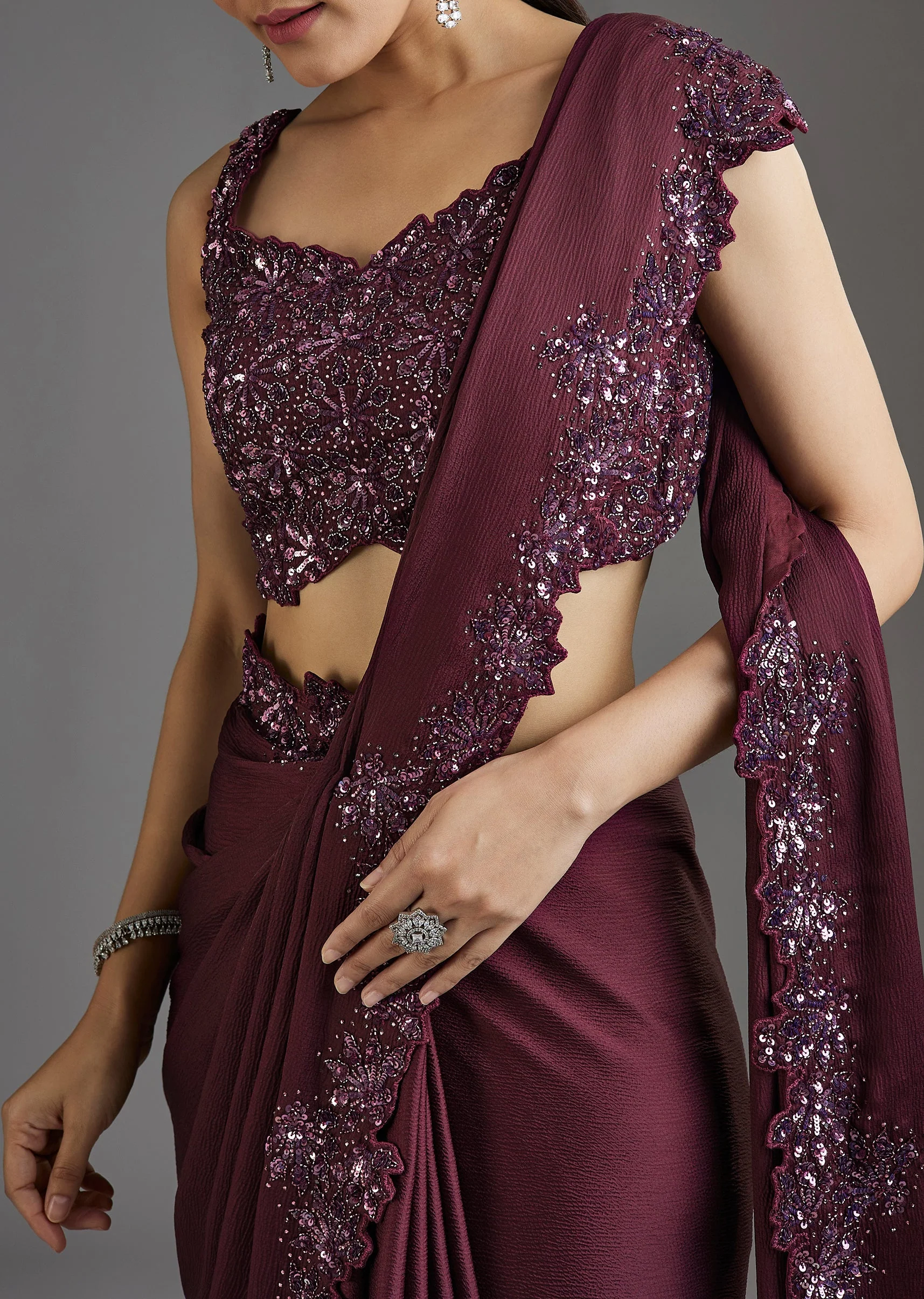 Wine Sequins Embellished Chiffon Saree With Sleeveless Blouse - Image 2