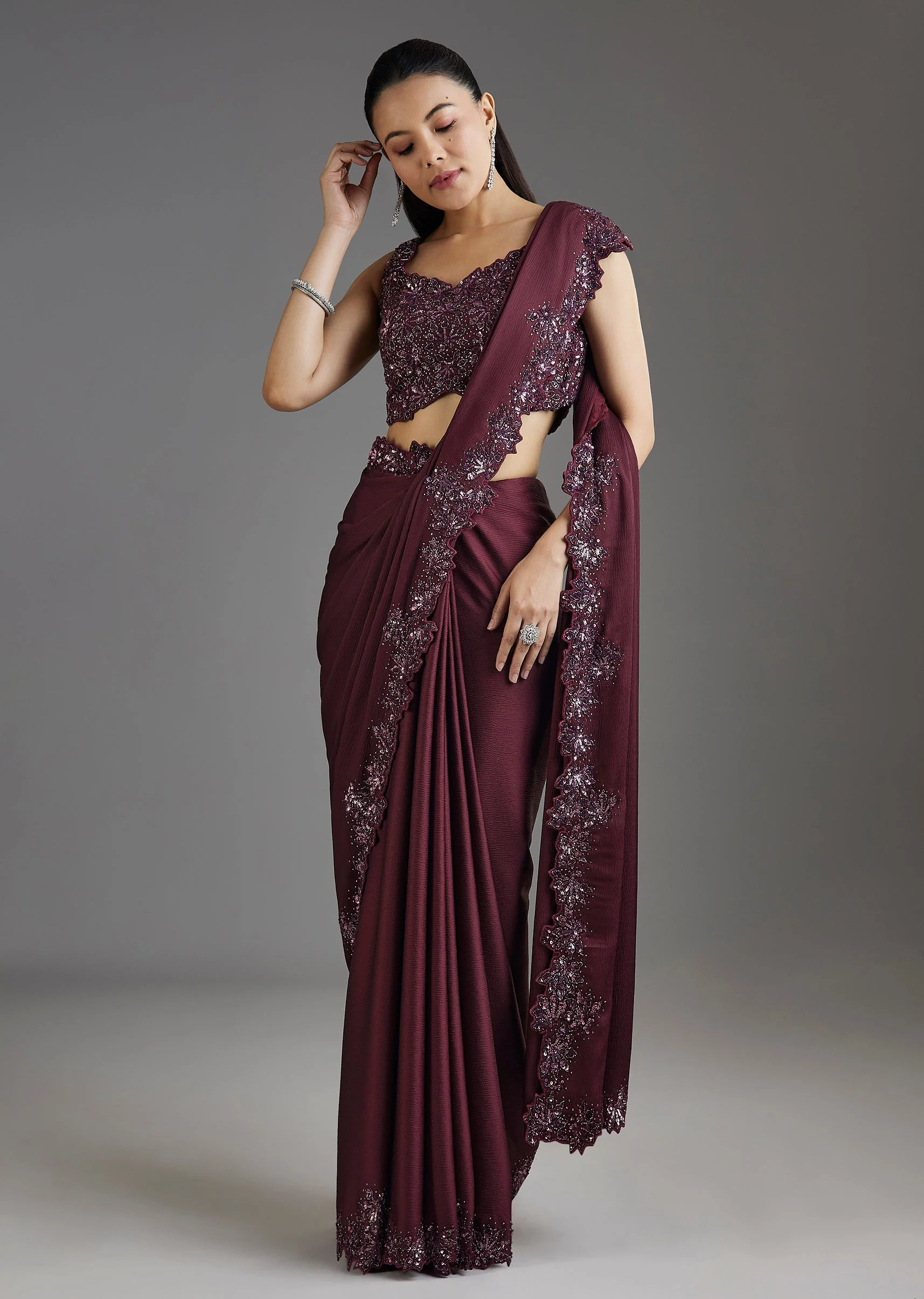 Wine Sequins Embellished Chiffon Saree With Sleeveless Blouse - Image 3