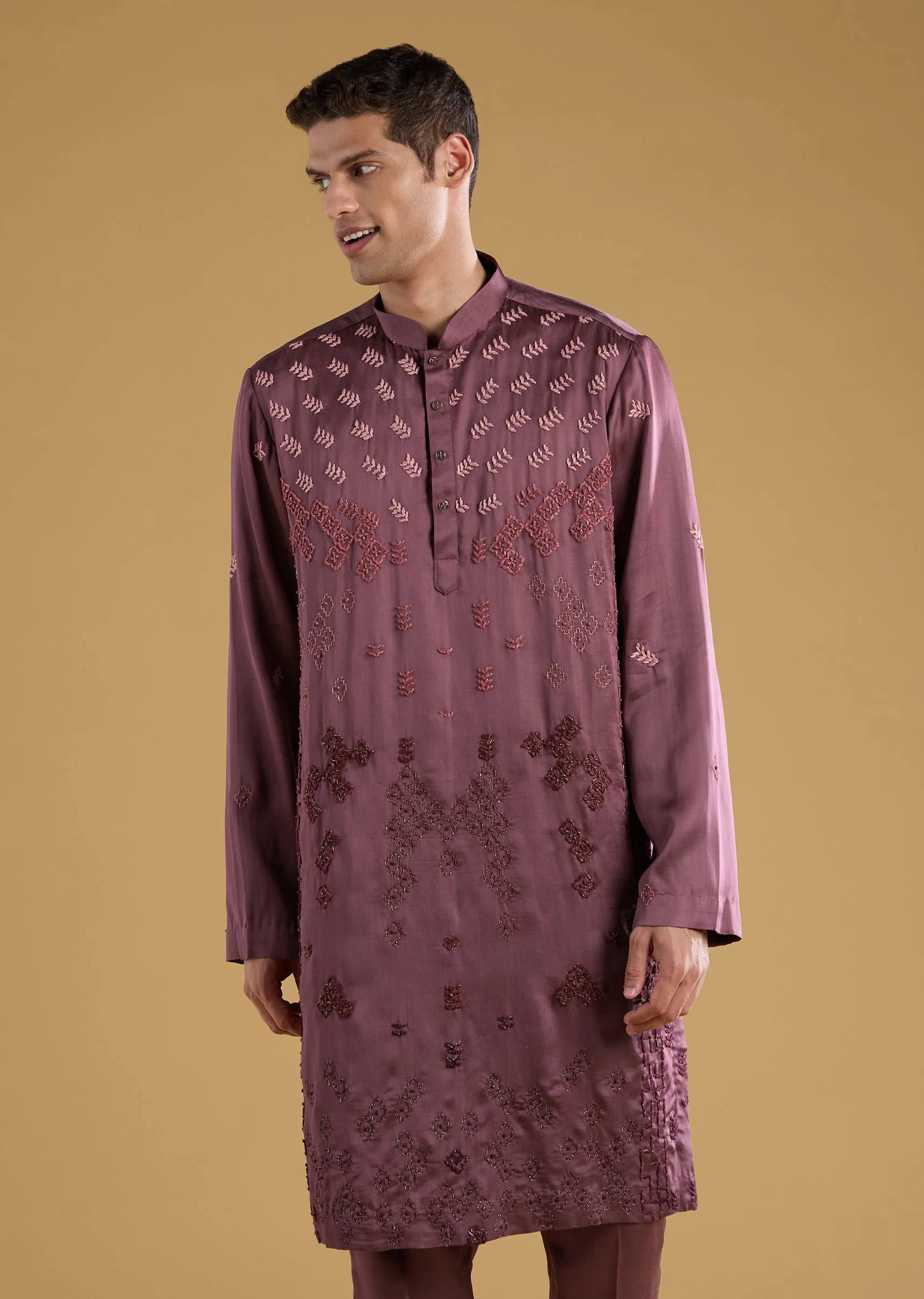 Wine Silk Embroidered Men's Kurta Aet With Hand Dyed Bandhani Dupatta - Image 6