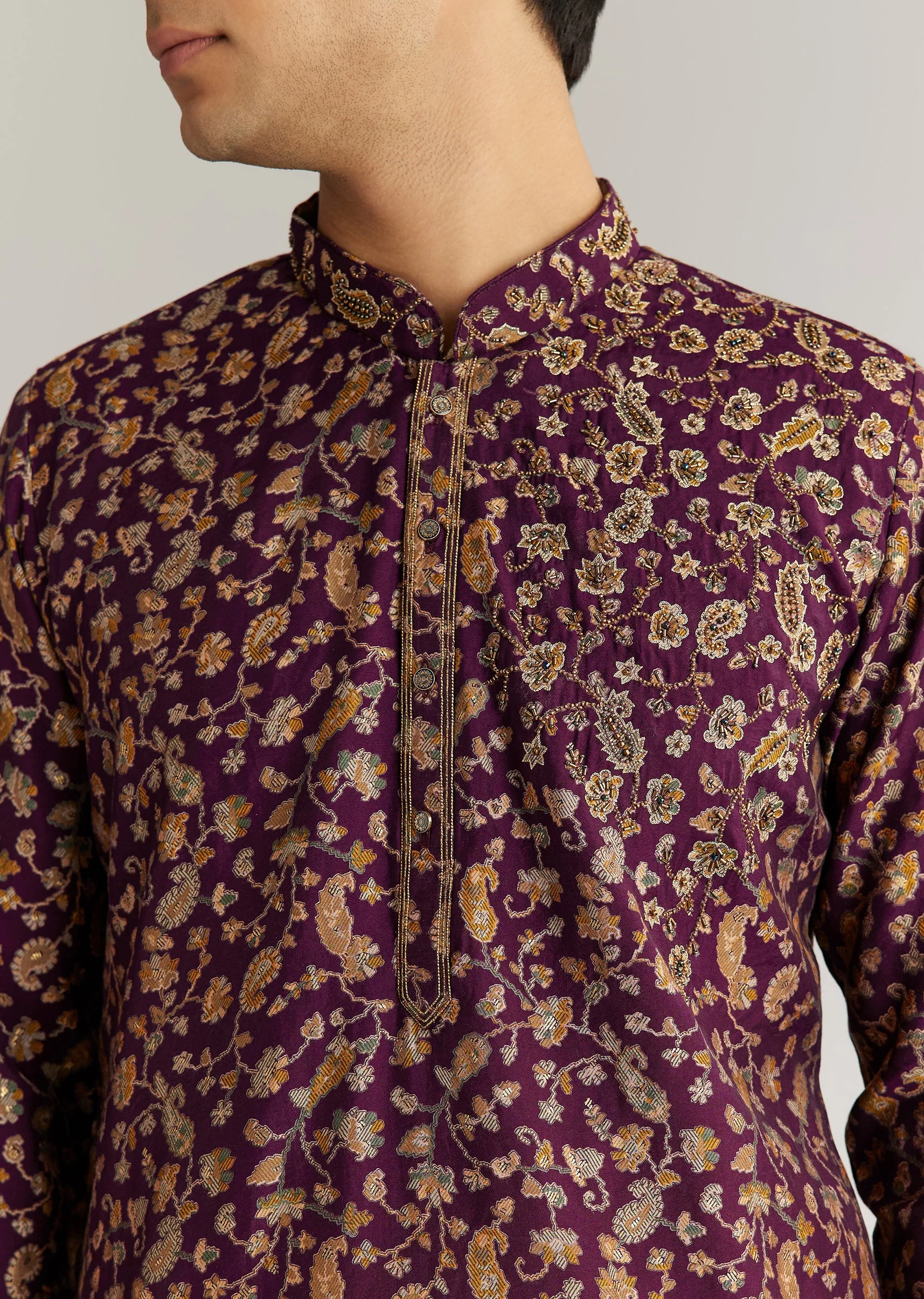 Wine Silk Floral Printed Kurta Set With Cutdana Work - Image 3