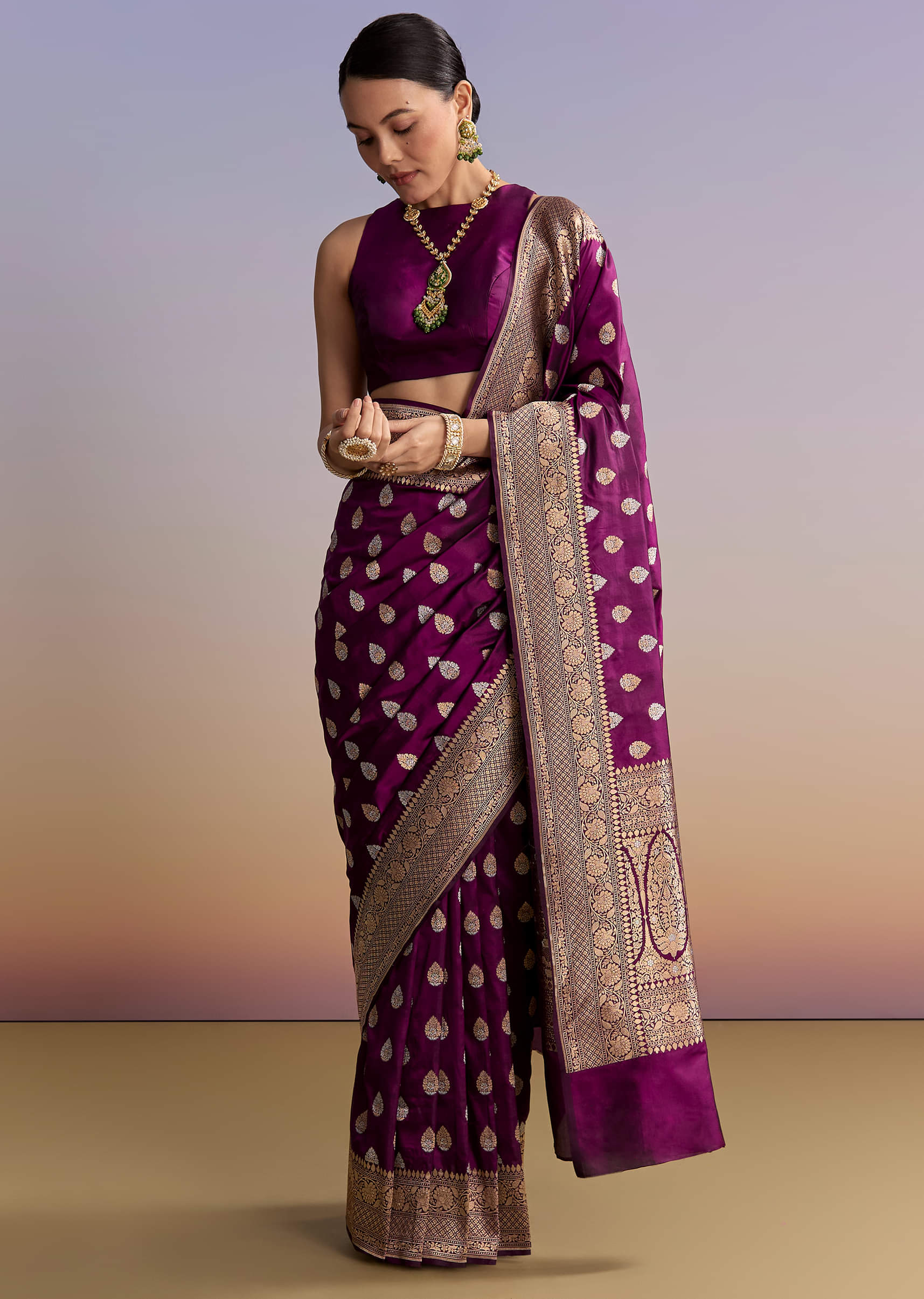 Wine Silk Handwoven Banarasi Saree With Zari Butti - Image 3