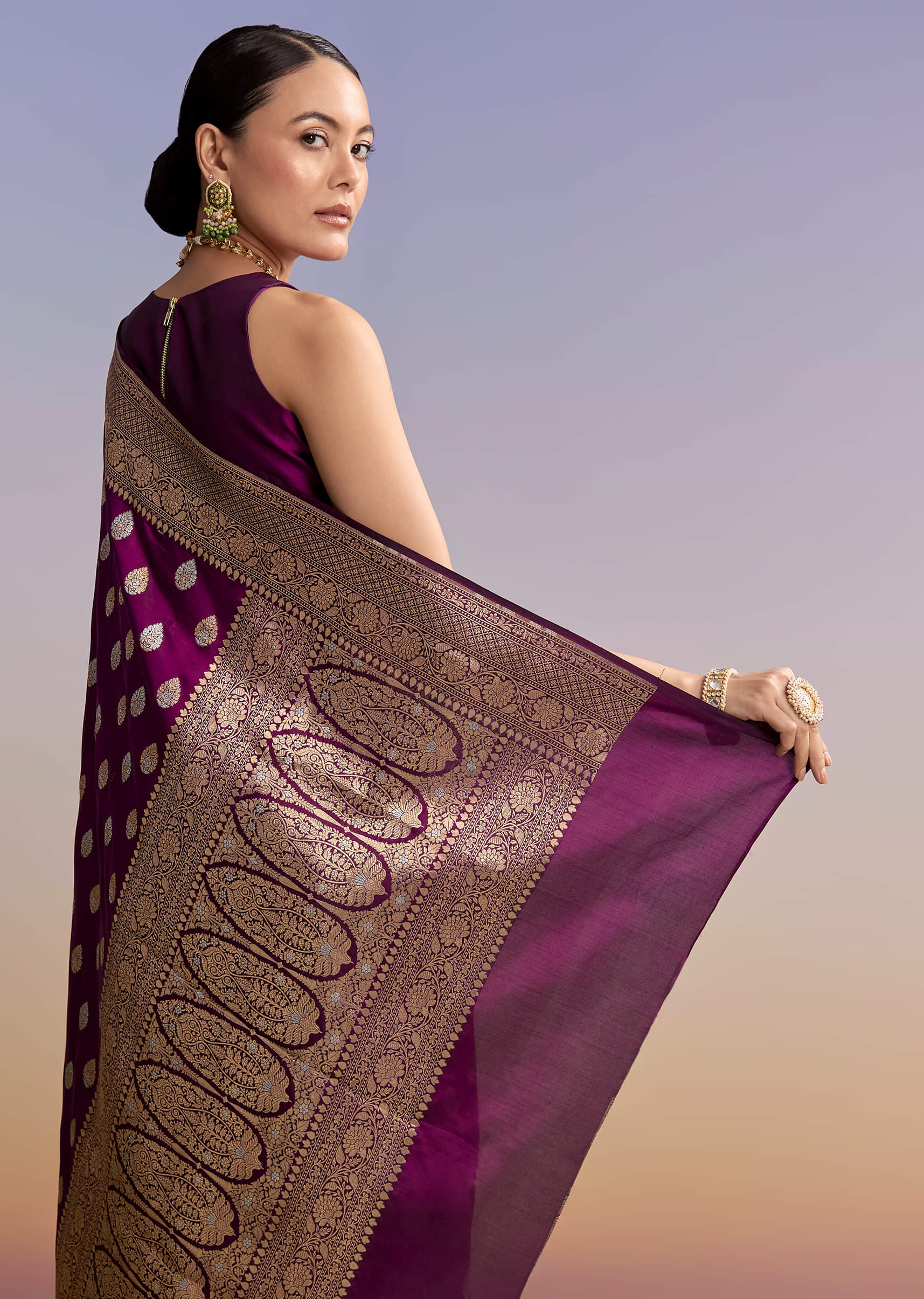 Wine Silk Handwoven Banarasi Saree With Zari Butti - Image 6