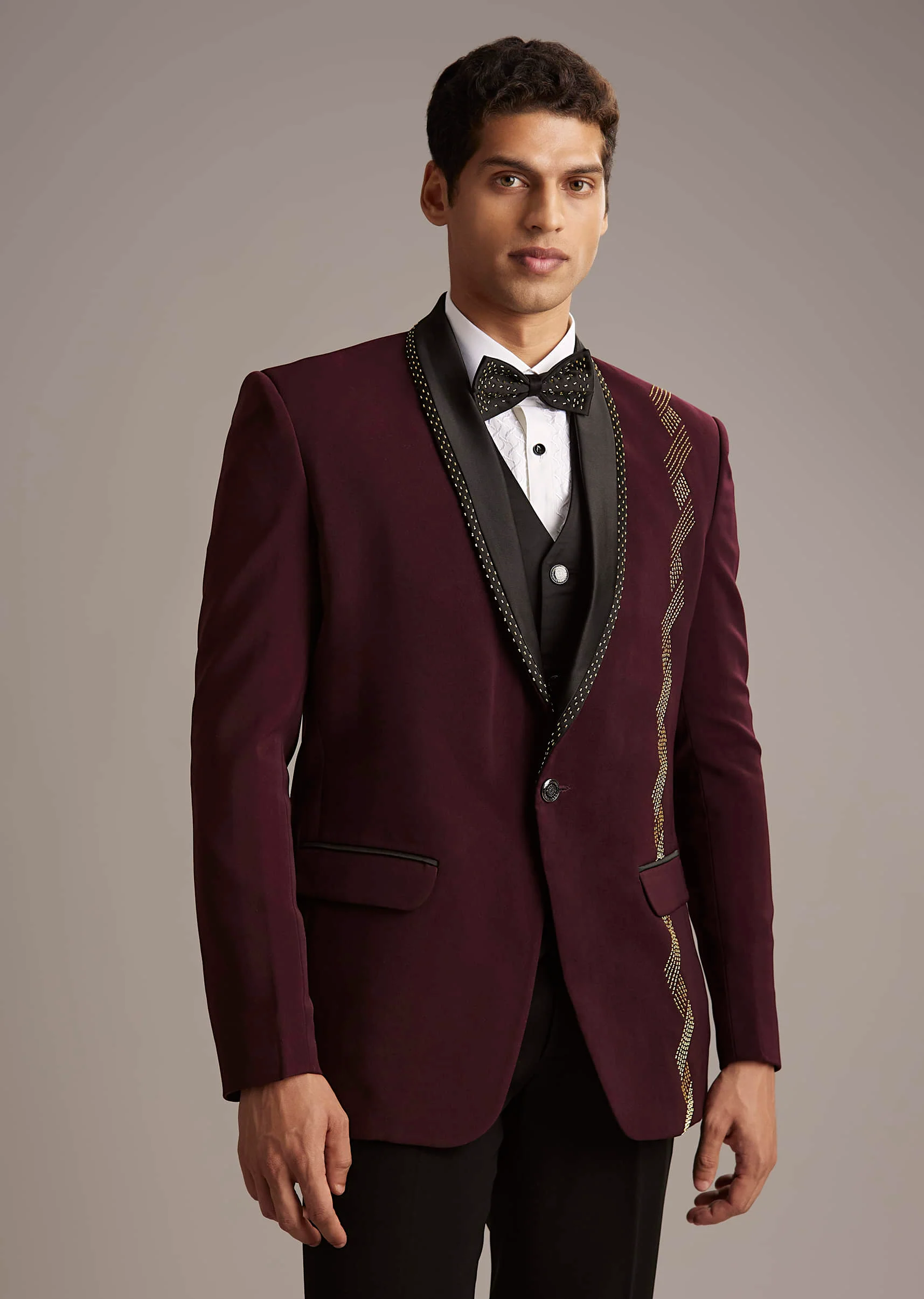Wine Tuxedo For Men With Cutdana Embroidery - Image 4