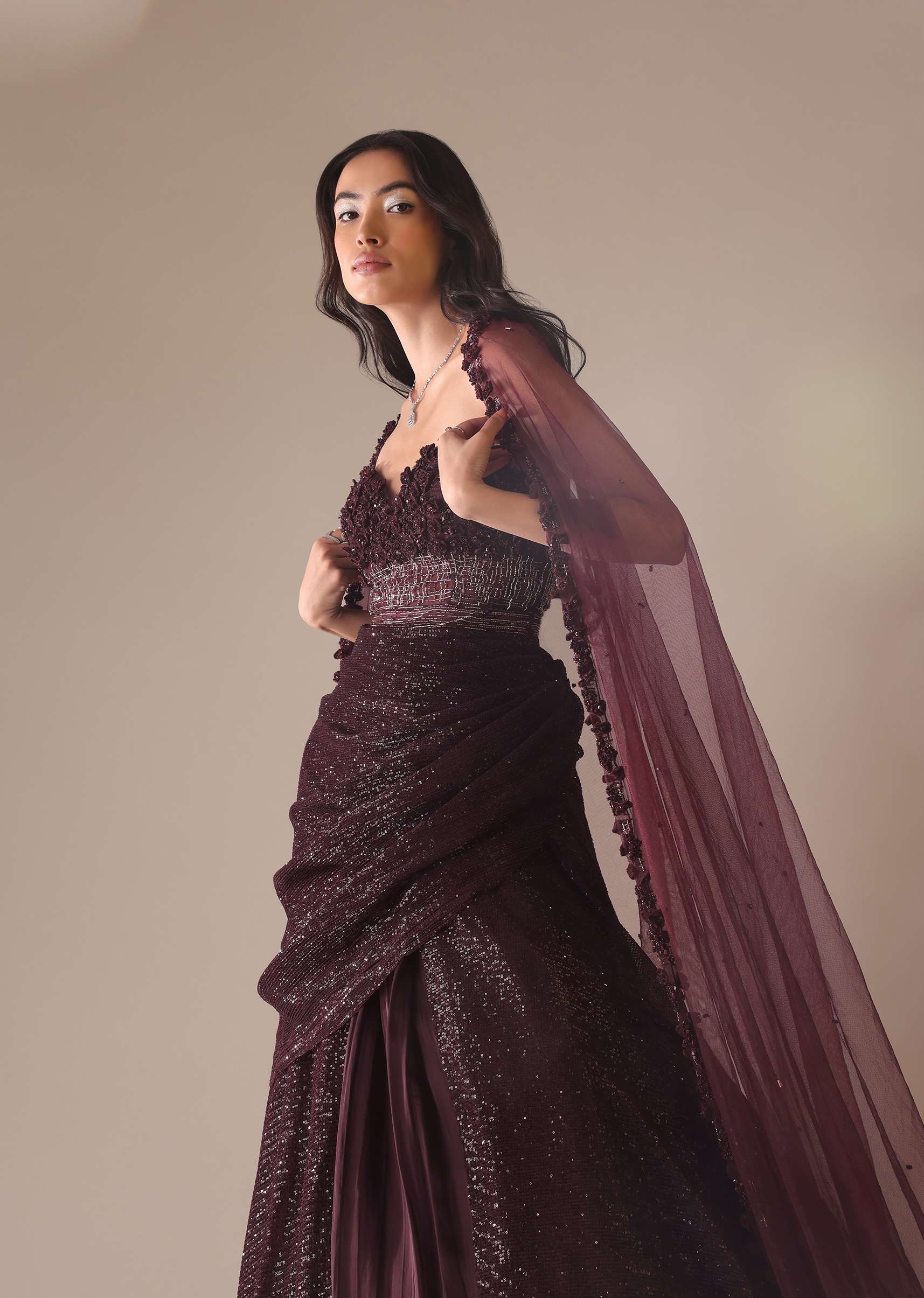 Wine Western Drape Gown With 3D Flower Embroidery - Image 4
