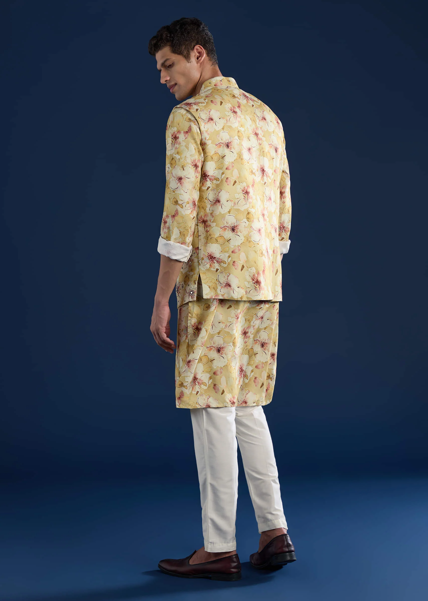 Yellow Banarasi Silk Jacket Kurta Set - Image 5