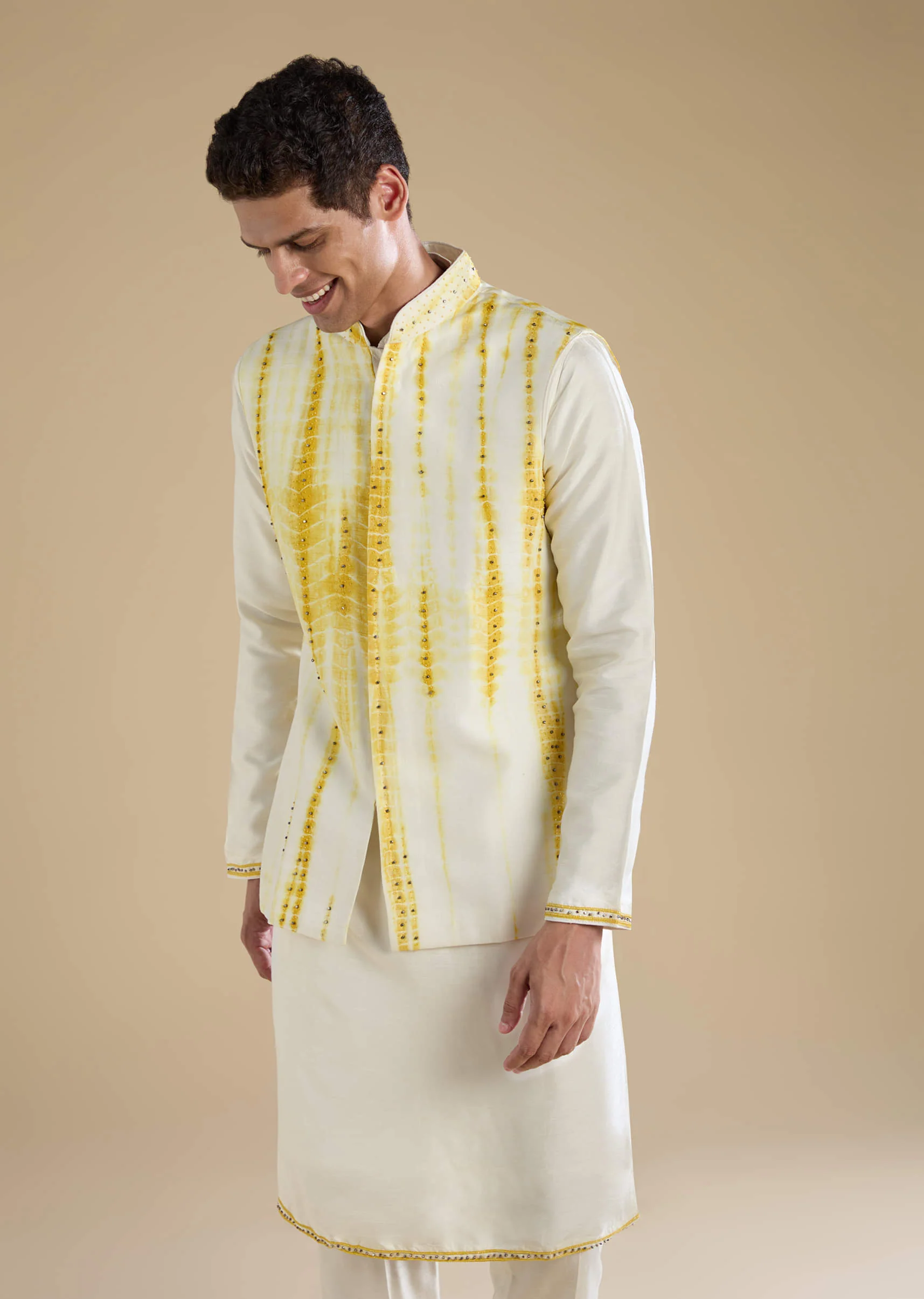 Yellow Banarasi Silk Jacket Kurta Set with Sequin Work - Image 4