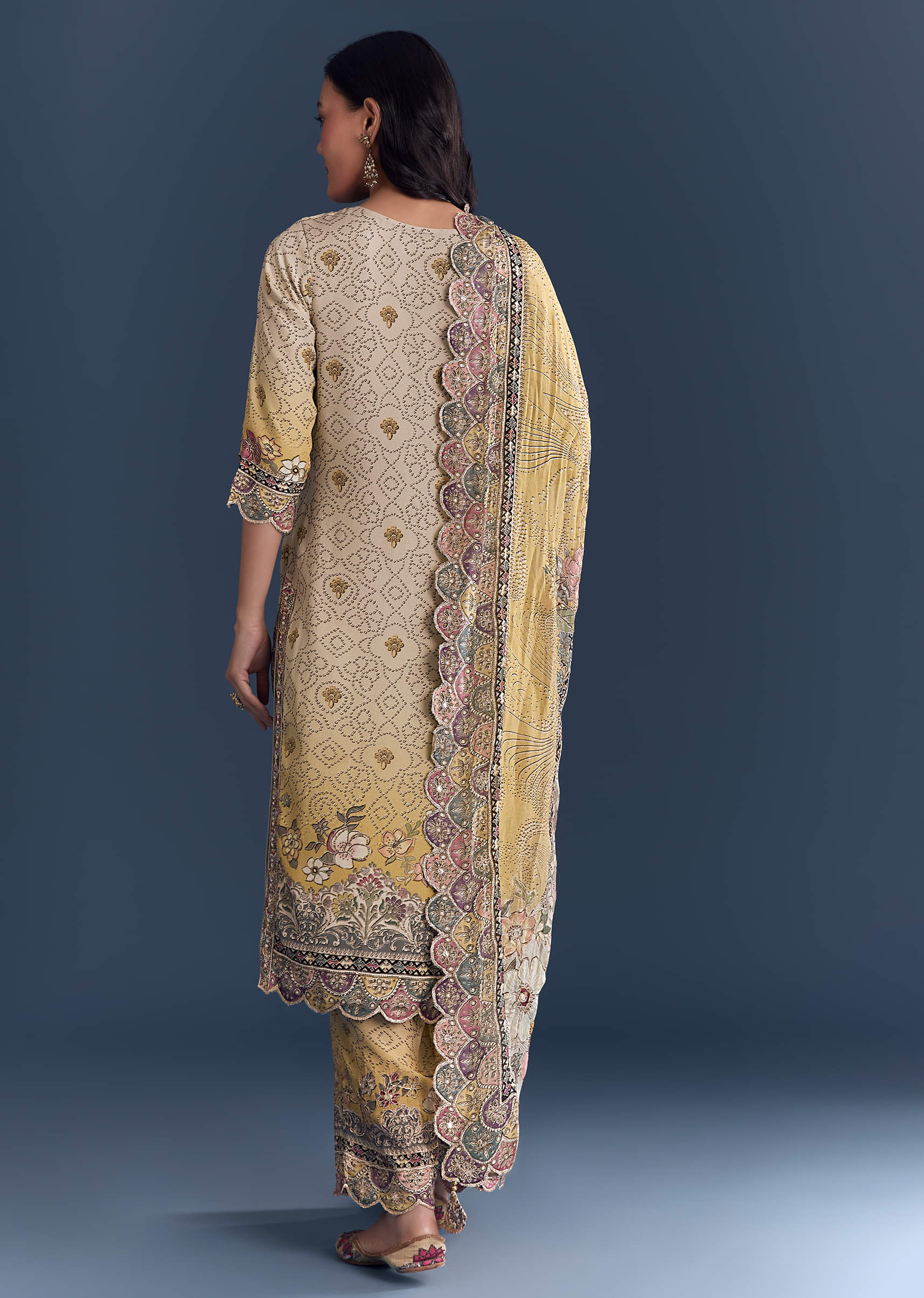 Yellow Beige Ombre Crepe Kurta Set With Floral Print - Image 5