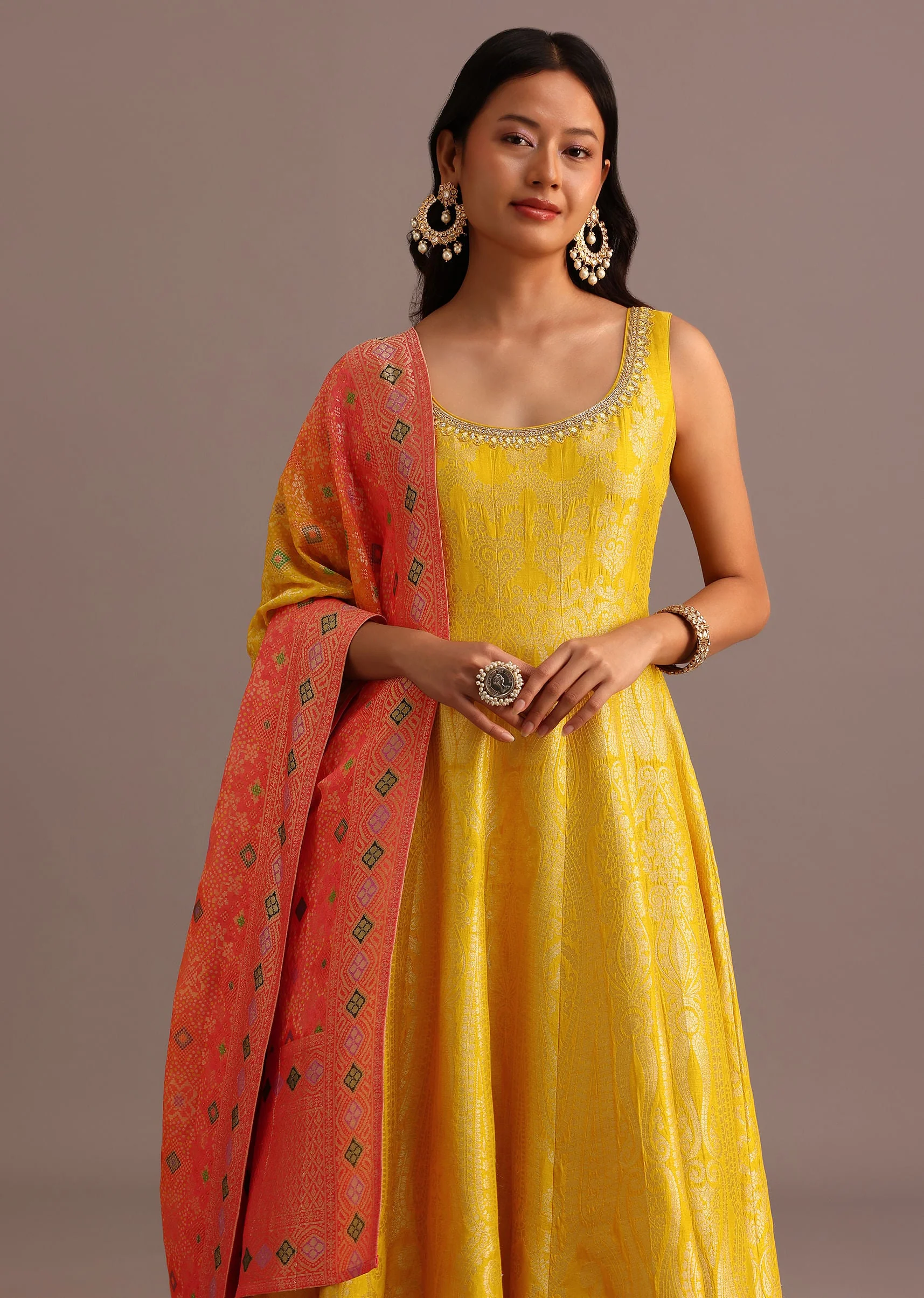 Yellow Brocade Weave Anarkali Set With Dupatta - Image 4