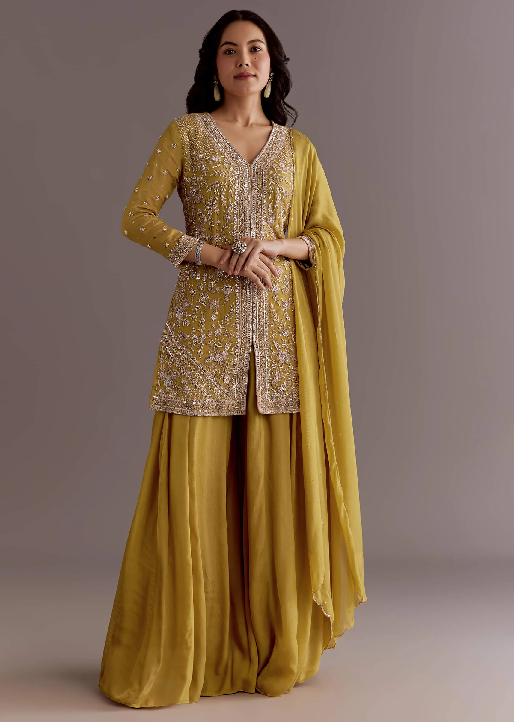 Yellow Chinon Embroidered Kurta Palazzo Suit With Dupatta - Image 2