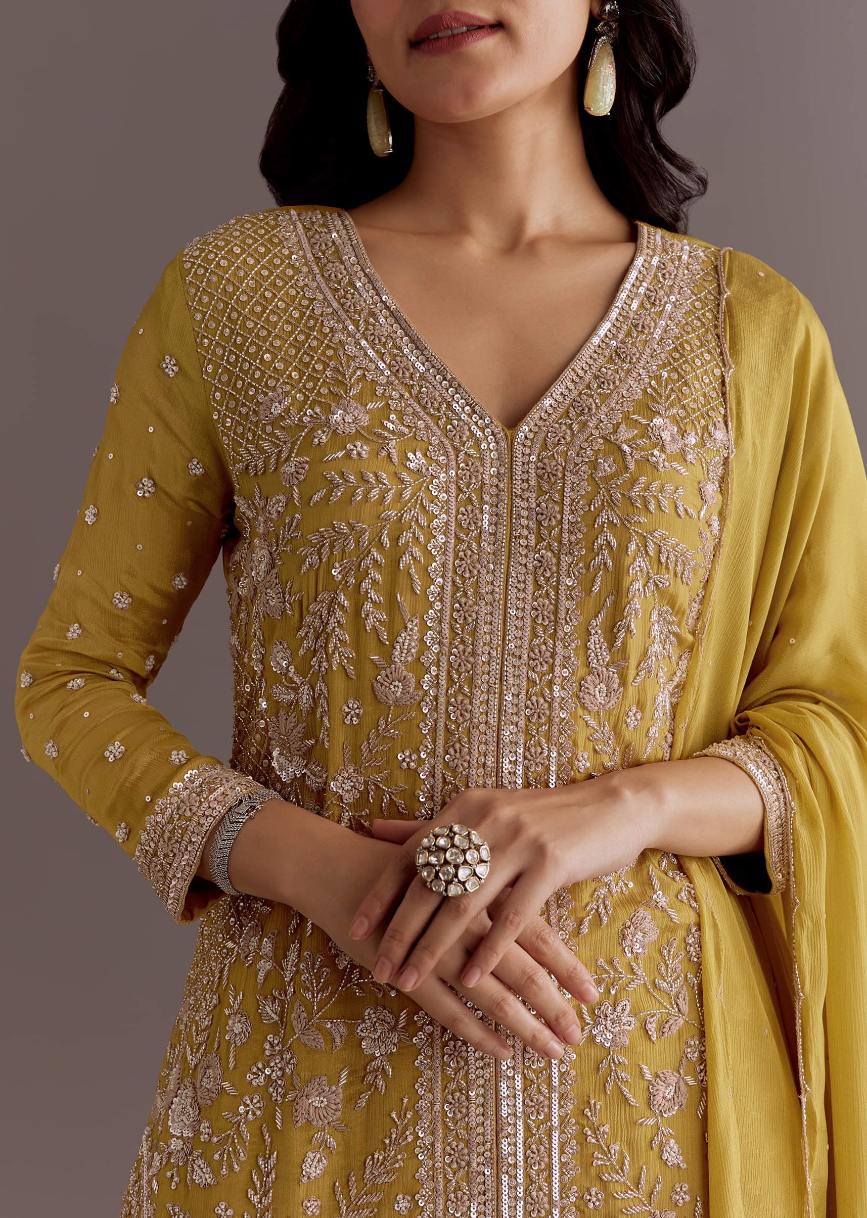 Yellow Chinon Embroidered Kurta Palazzo Suit With Dupatta - Image 3