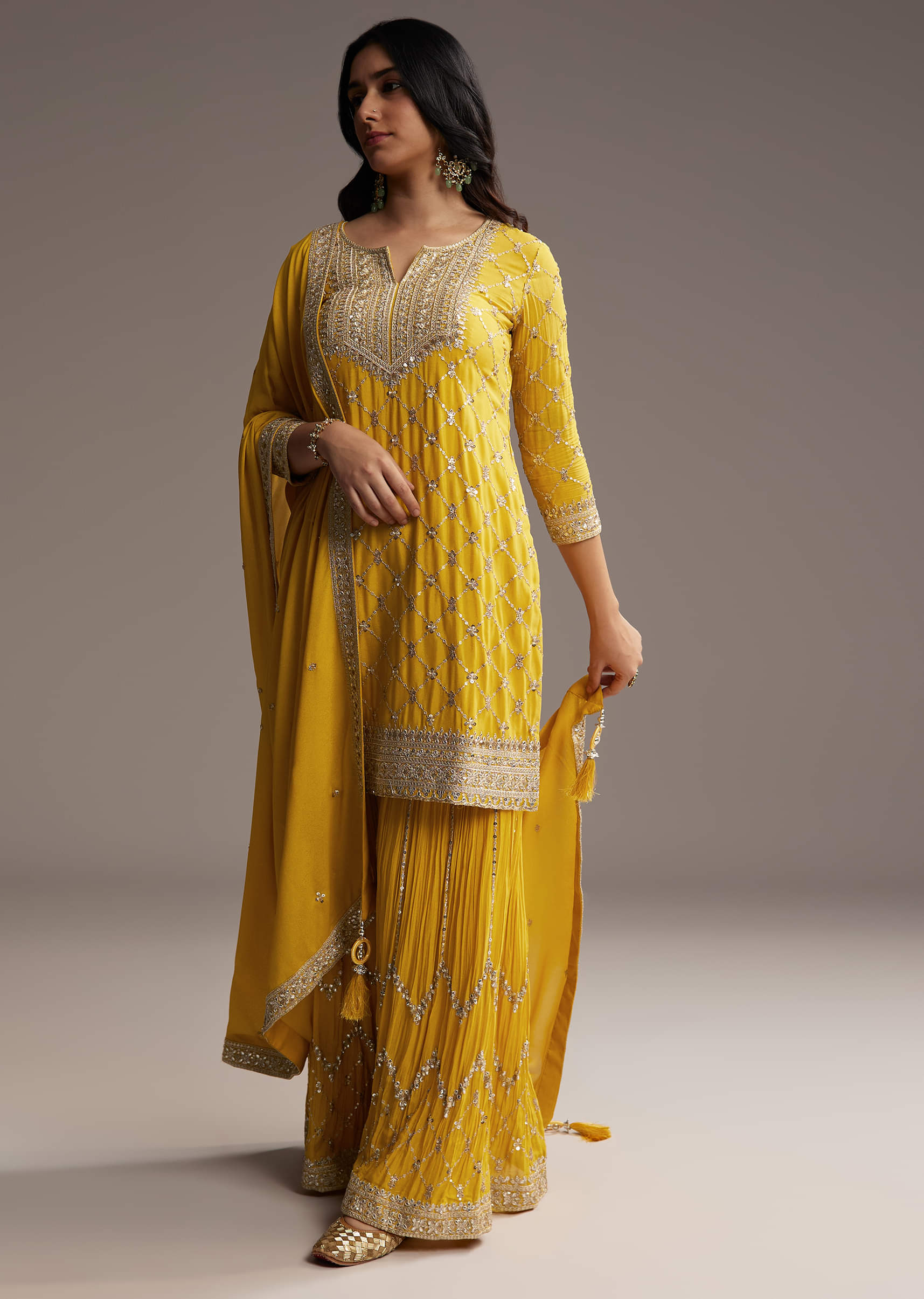Yellow Chinon Palazzo Suit With Sequin Embroidery - Image 3