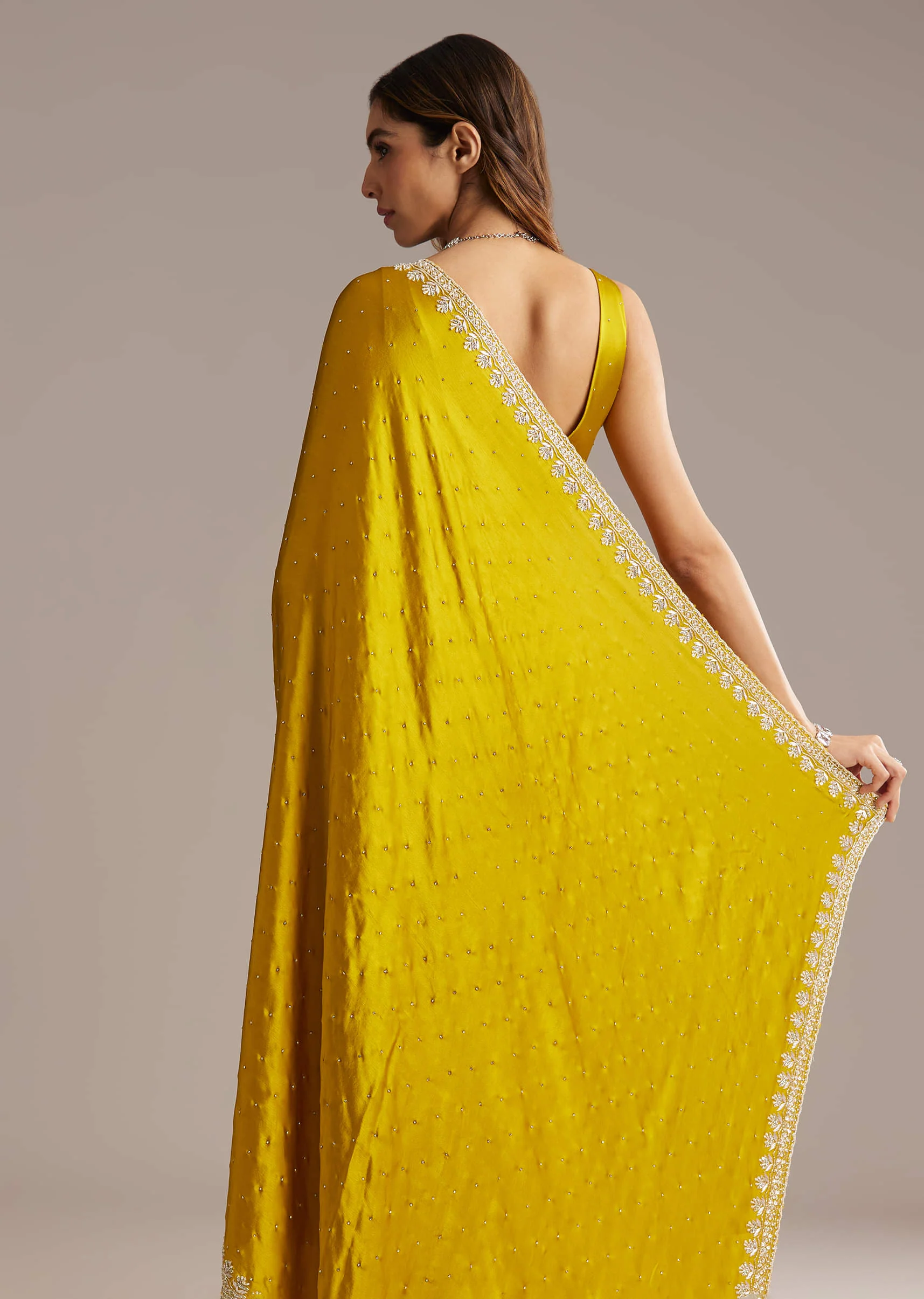 Yellow Chinon Saree With Stone And Sequin Embroidery - Image 5