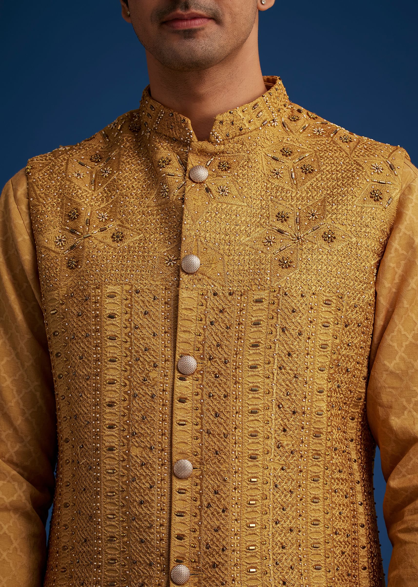 Yellow Cotton Linen Jacket With Stone And Thread Embroidery - Image 2